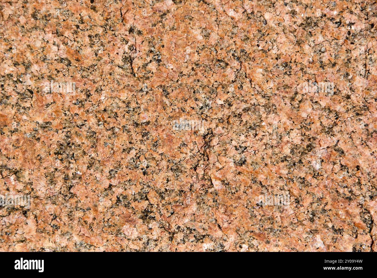 Nahaufnahme einer Steinplatte aus rotem Granit mit schönem Steinmuster und Textur an der schwedischen Westküste. Stockfoto