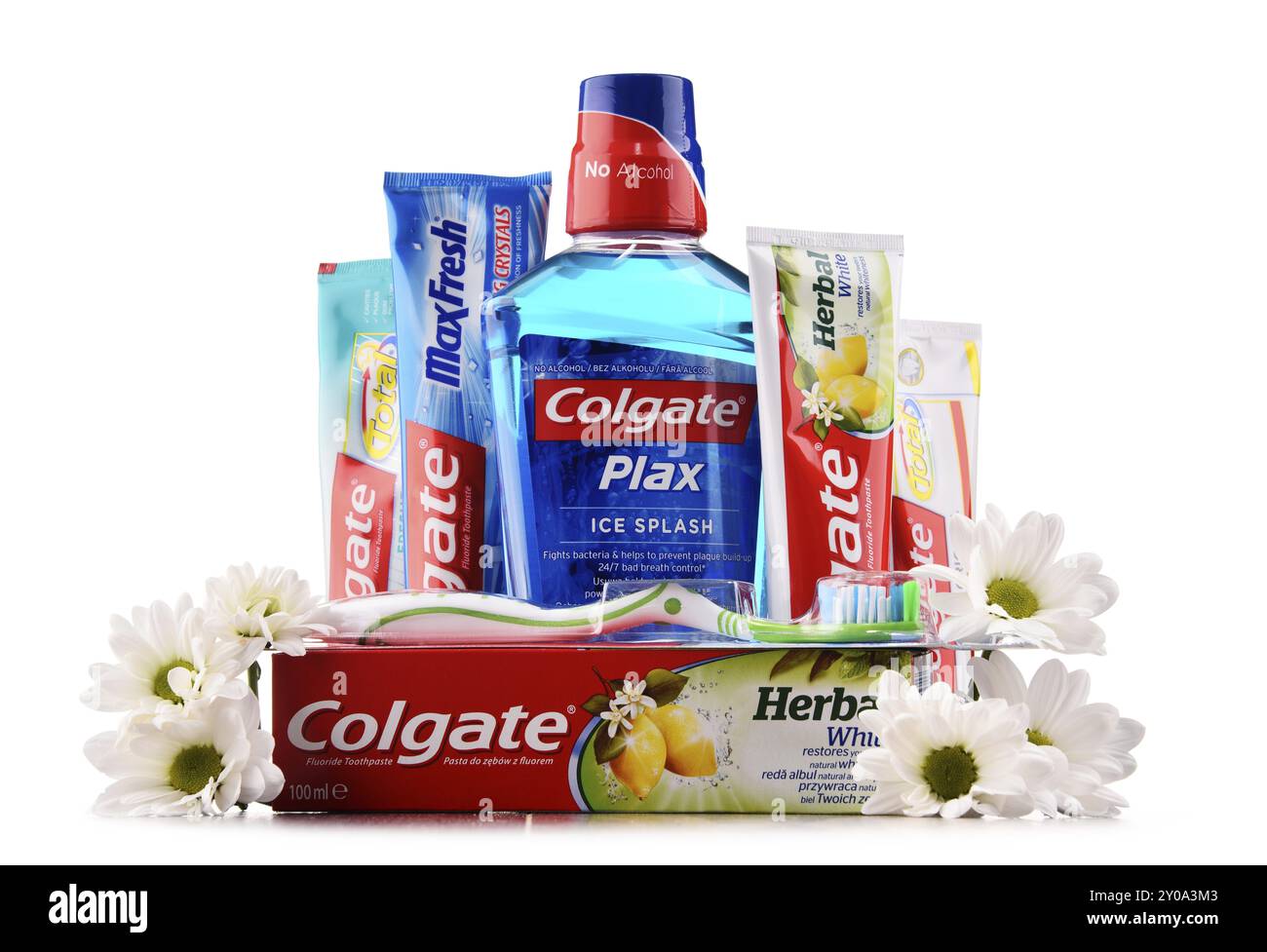 Colgate, eine Marke von Mundhygiene-Produkten wie Zahnpasten, Zahnbürsten, Mundspülungen und Zahnseide, hergestellt von amerikanischem Konsumgüterunternehmen Stockfoto