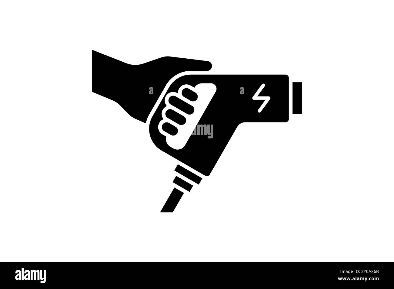Schwarzes Symbol für Anschluss des elektrischen Ladegeräts für Handhalterung. Symbol für elektrischen Ladestecker für Transportenergie. Umweltfreundliches Ladezeichen für Elektrofahrzeuge. Batteriebetriebene EV-Transportstation EPS-Logo Stock Vektor