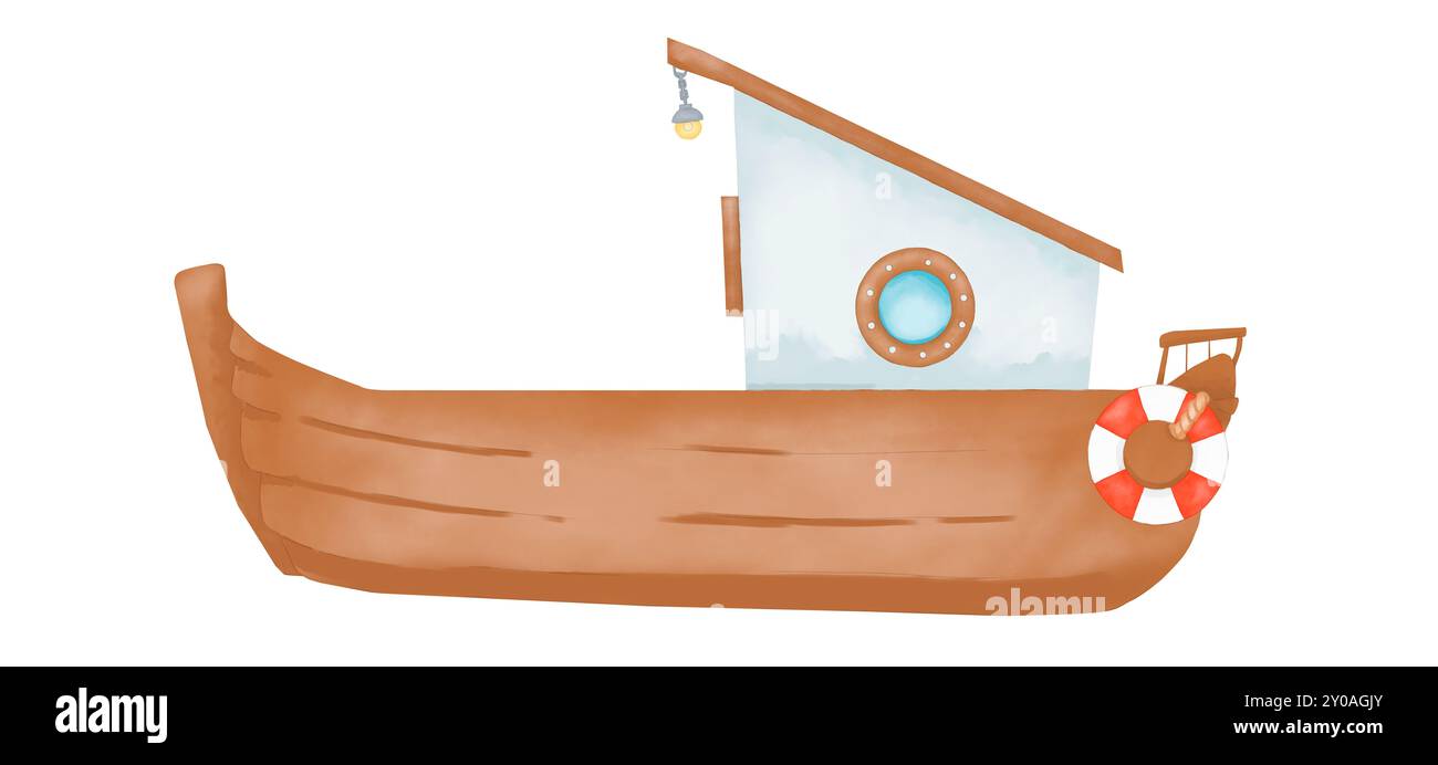 Braunes Boot mit einer Kabine, einem Rettungsschirm in Rot und weiß und einer Lampe, mit einem runden Fenster Aquarell-Illustration für den Kinderurlaub zum Drucken und Stockfoto