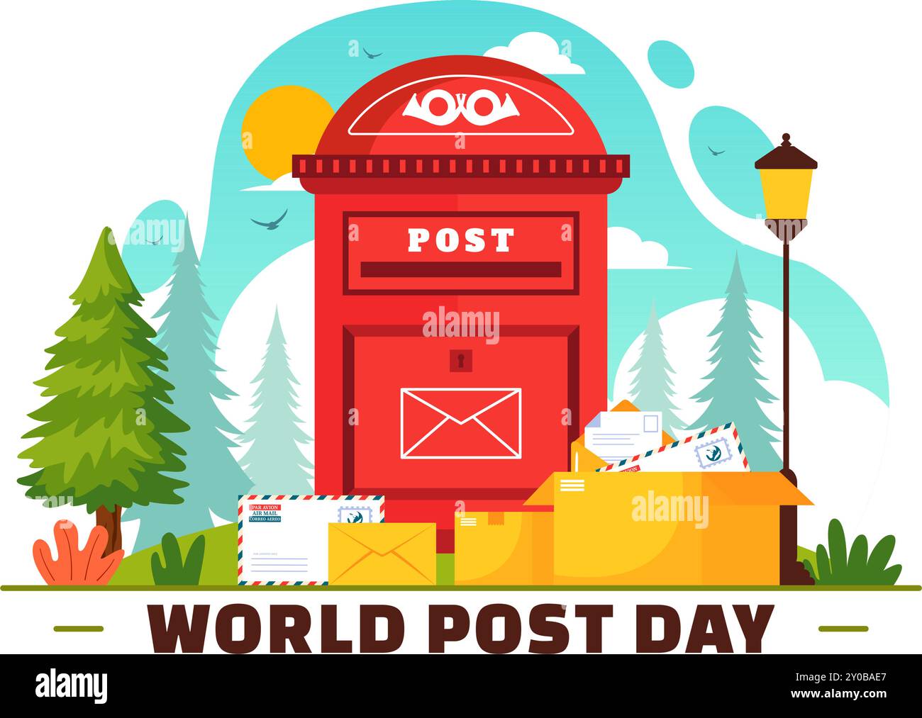 World Post Day Vector Illustration am 9. Oktober mit einem roten Postfach, das Post, Briefe und Pakete in einem flachen Cartoon Hintergrund akzeptiert Stock Vektor