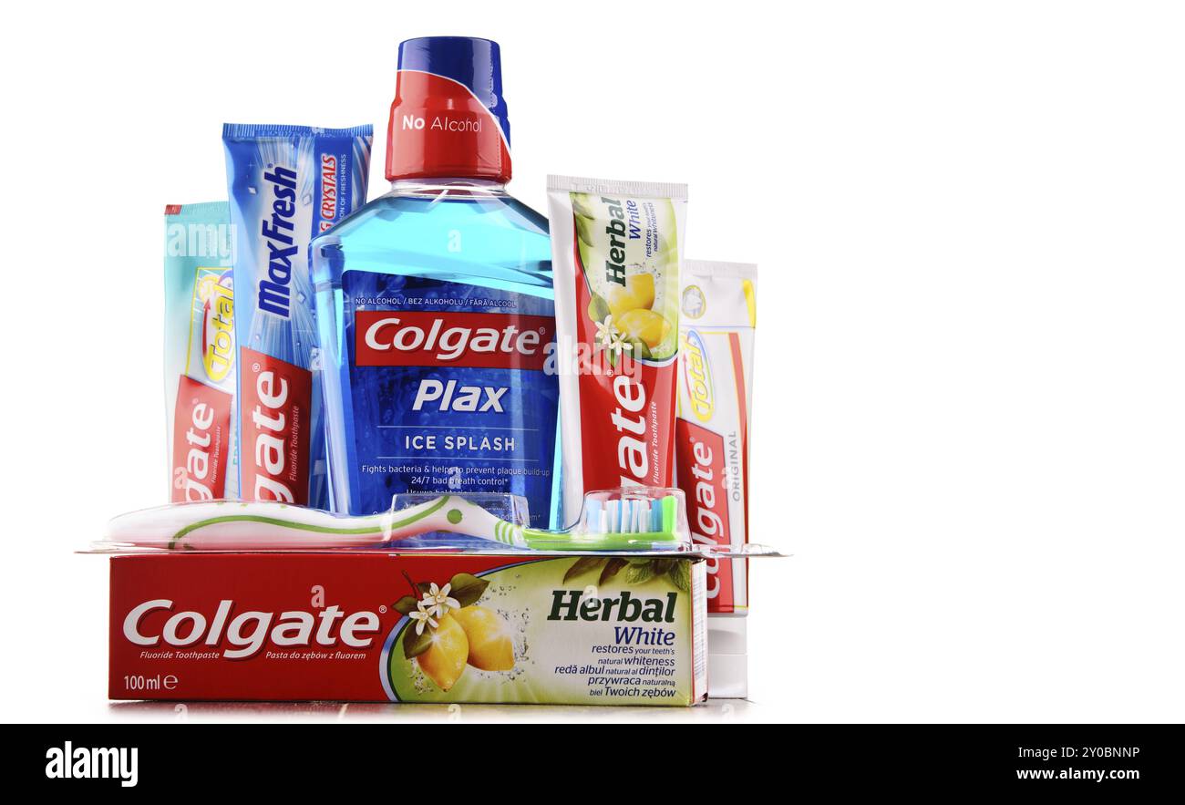 Colgate, eine Marke von Mundhygiene-Produkten wie Zahnpasten, Zahnbürsten, Mundspülungen und Zahnseide, hergestellt von amerikanischem Konsumgüterunternehmen Stockfoto