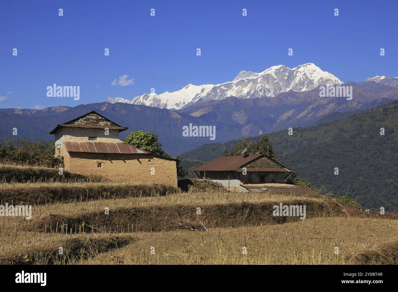 Ländliche Szene im Annapurna Conservation Area, Nepal. Schneebedeckte Annapurna Range. Traditionelle Architektur Stockfoto