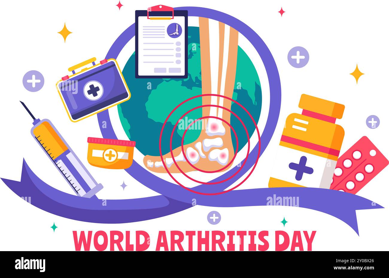 World Arthritis Day Vektor Illustration für den 12. Oktober, mit medizinischer Behandlung von Rheumatismus und Osteoarthritis, mit einem Röntgen-Scan und Knochen Stock Vektor