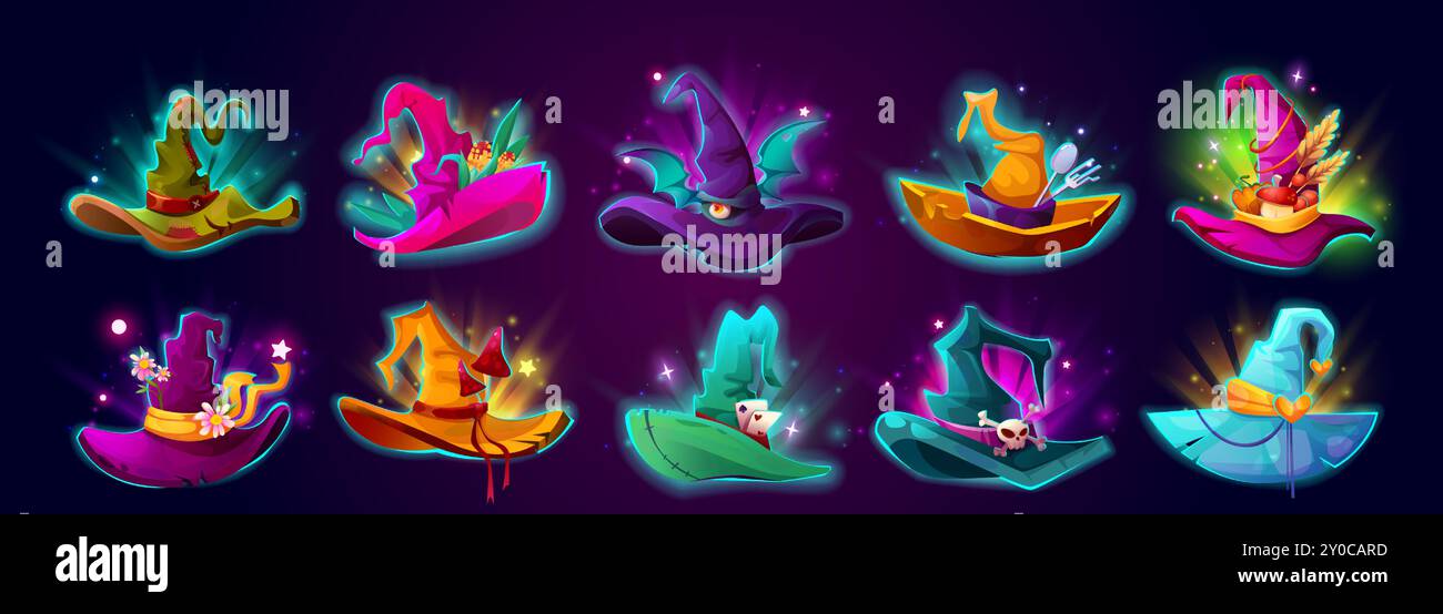 Zauberhut für märchenhafte Hexe oder Zauberer mit Gemüse und Blumen, Pilzen und Knochen Dekoration und Neonlicht. Cartoon Vektor Magier Kostümkappe für Spiel ui und Halloween Design. Stock Vektor