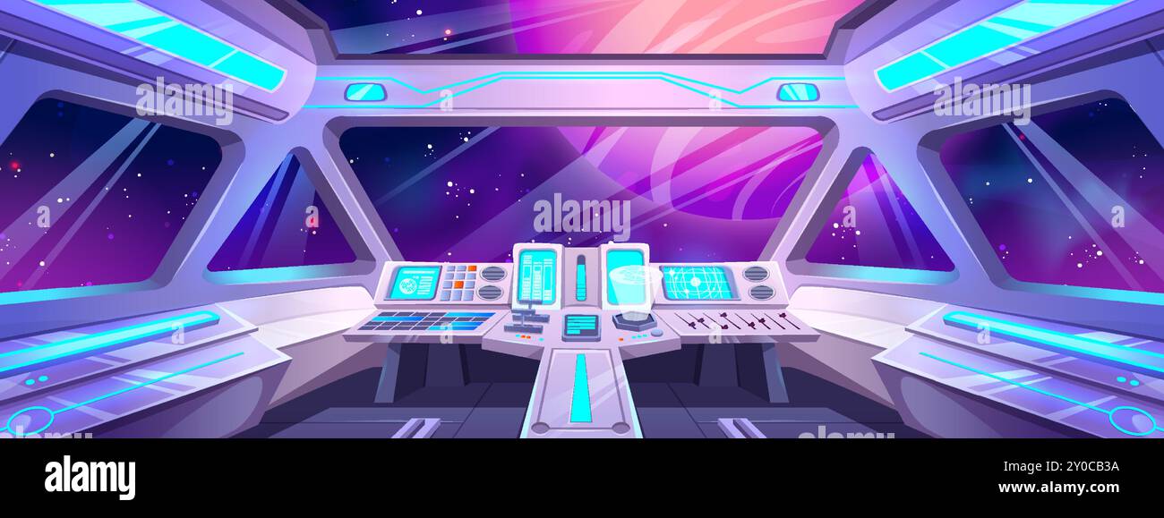 Futuristisches Cockpit im Cockpit des Raumschiffs mit Pilotenbedienfeld, Fenstern mit Kosmos außen, Neon-leuchtenden Bildschirmen und Navigations-Armaturenbrett. Cartoon-Raketen- oder Raumfahrzeugkabinen reisen im Weltraum. Stock Vektor