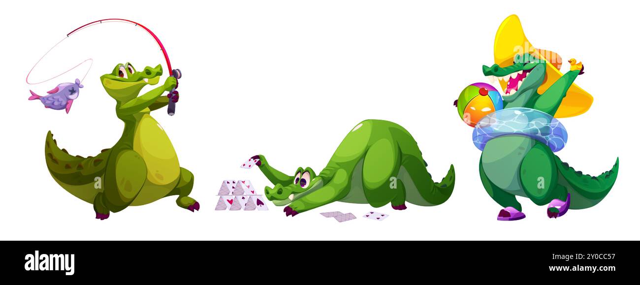 Süßes und glückliches Alligator-Zeichen-Vektor-Set. Lustige Krokodil-Ikone mit Emotionen. Entzückender Zoo Reptilienfischen und Spielkarten Clipart. Comic-Kollektion für Sommer-Tiermaskottchen zum Zeichnen in der Schule. Stock Vektor