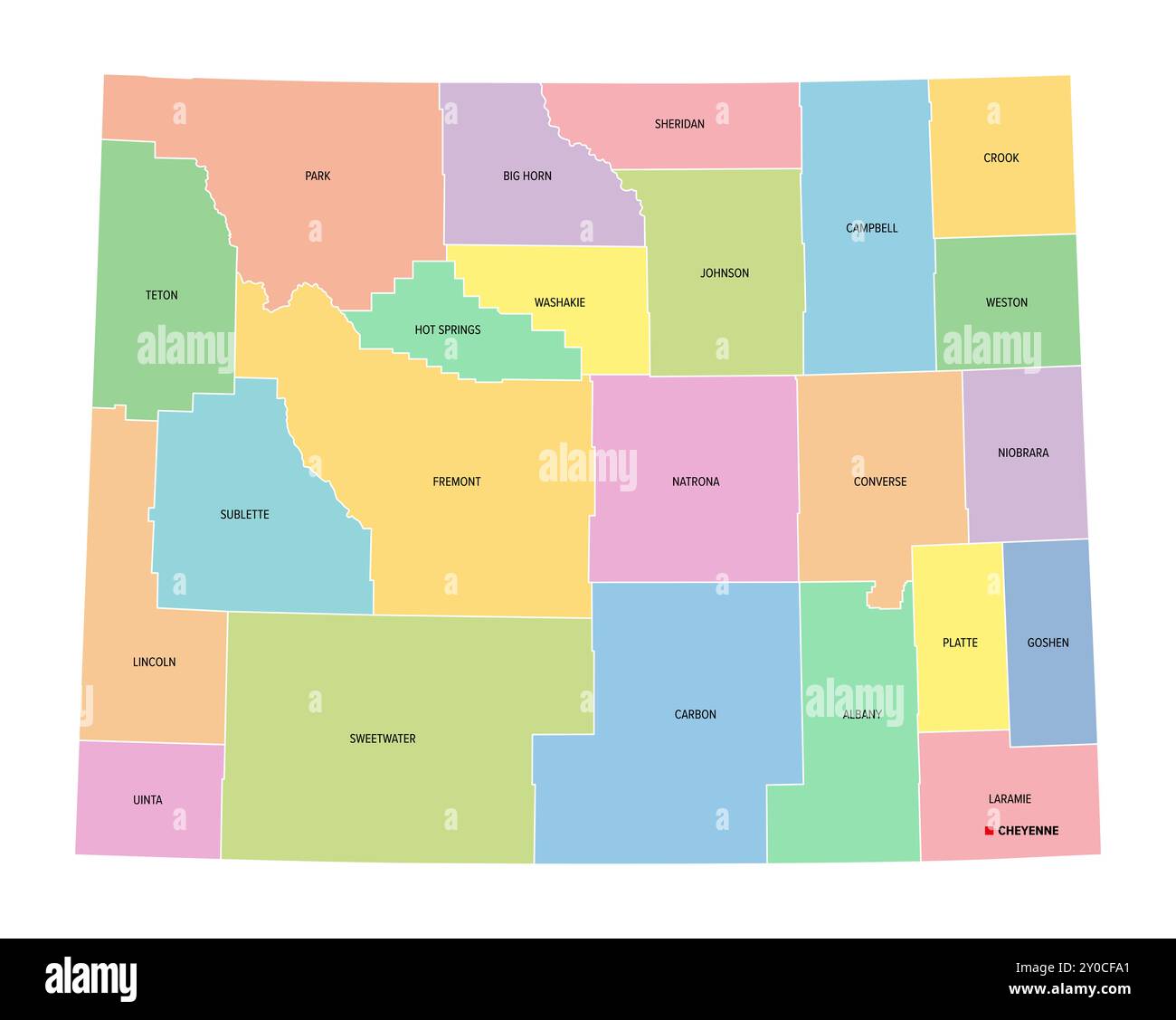 Wyoming, US-Bundesstaat, unterteilt in 23 Countys, mehrfarbige politische Karte mit Hauptstadt Cheyenne, Grenzen und County-Namen. Stockfoto