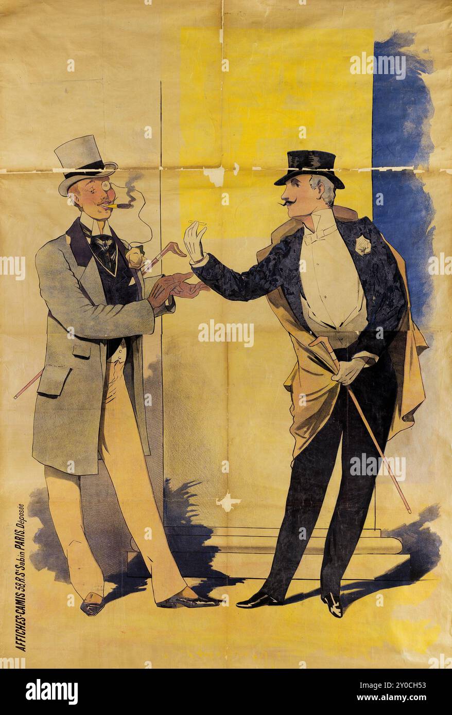 Affisches-Camis - französisches Vintage-Werbeplakat zum Rauchen von Zigaretten - Deux hommes élégants, l'un fumant le cigare, l'autre la Zigarette aff Stockfoto