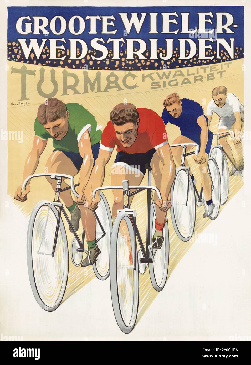 Belgisches Werbeplakat für Vintage-Zigaretten für Radrennen, möglicherweise auf dem Radweg auf dem Zeeburgerdijk. Werbung für Turmac-Zigarette Stockfoto