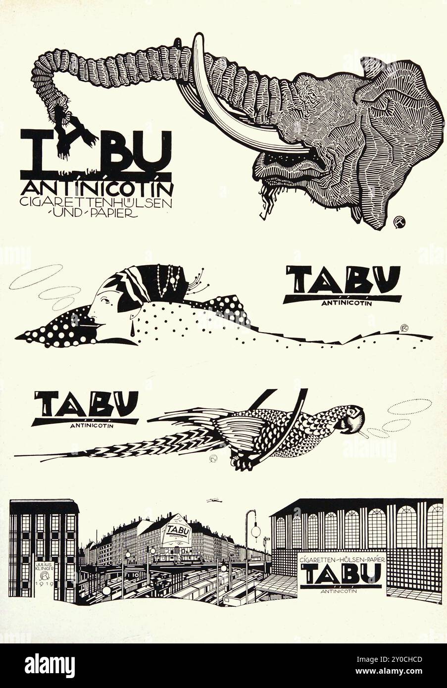 Julius Klinger (österreichischer Grafiker 1876–1942) – TABU Antinicotin Cigarettenhülsen Papier (Zigarettenfilterfirma Stockfoto