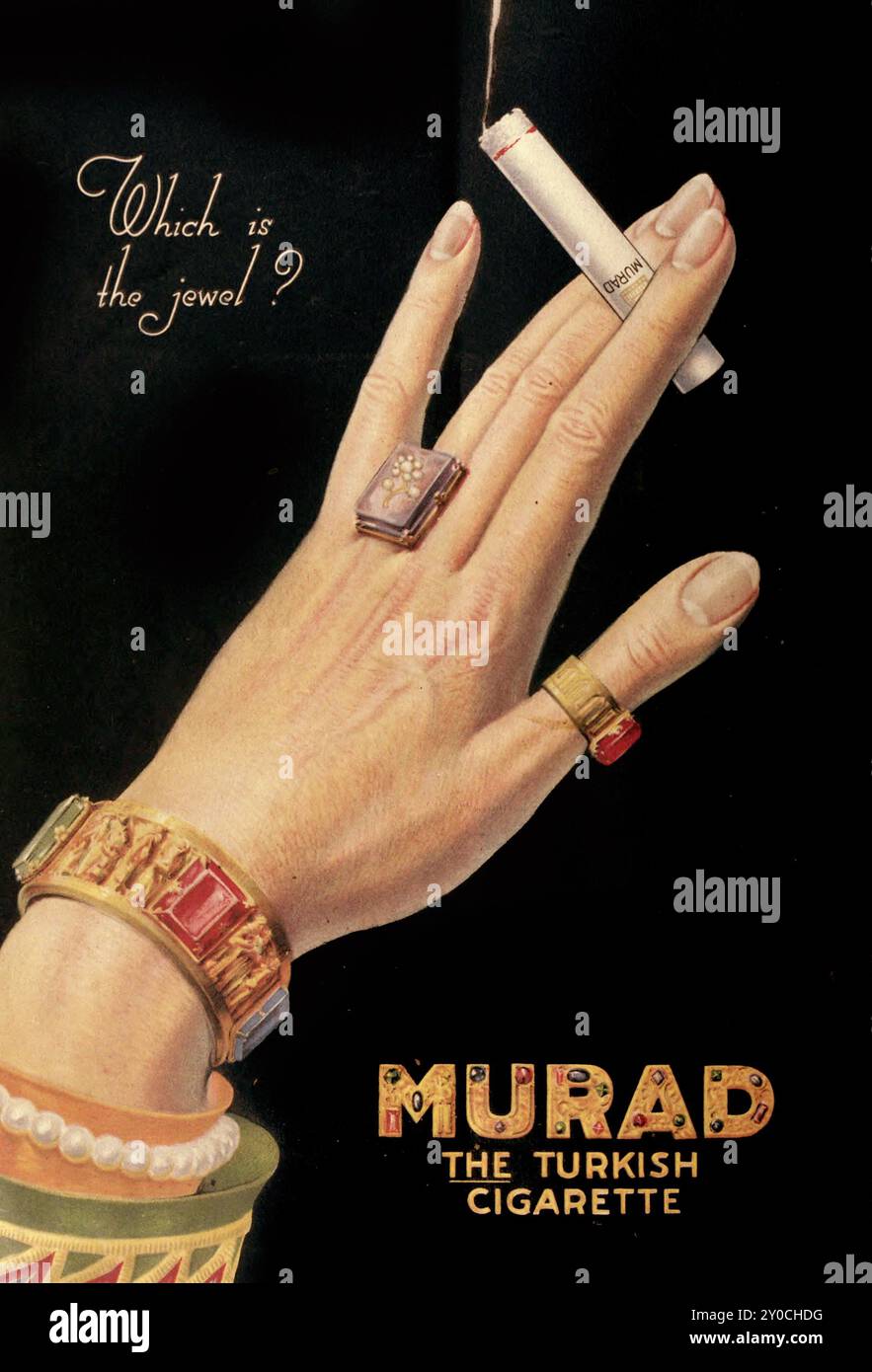 Murad Zigarettenwerbung - das ist das Juwel - Werbung mit einer Hand dekoriert mit Armbändern und Ringen mit einer Zigarette - 1919 Stockfoto