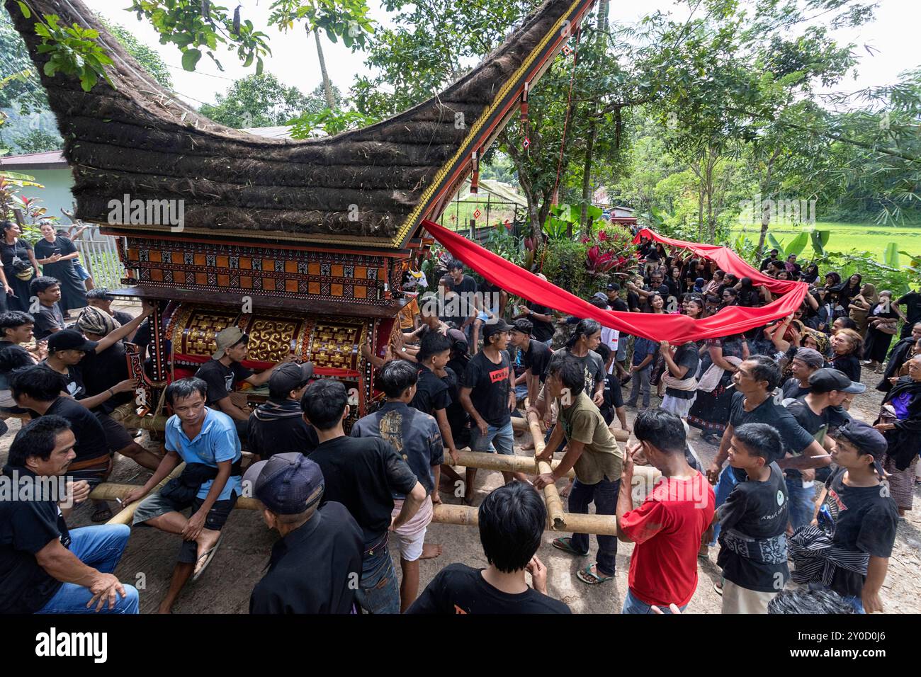 Beerdigungszeremonie in einem Dorf in der Nähe von Rantepao in Tana Toraja, einheimische Männer trugen Sarg, der Leichenwagen in Form eines traditionellen Hauses, Sulawesi Stockfoto