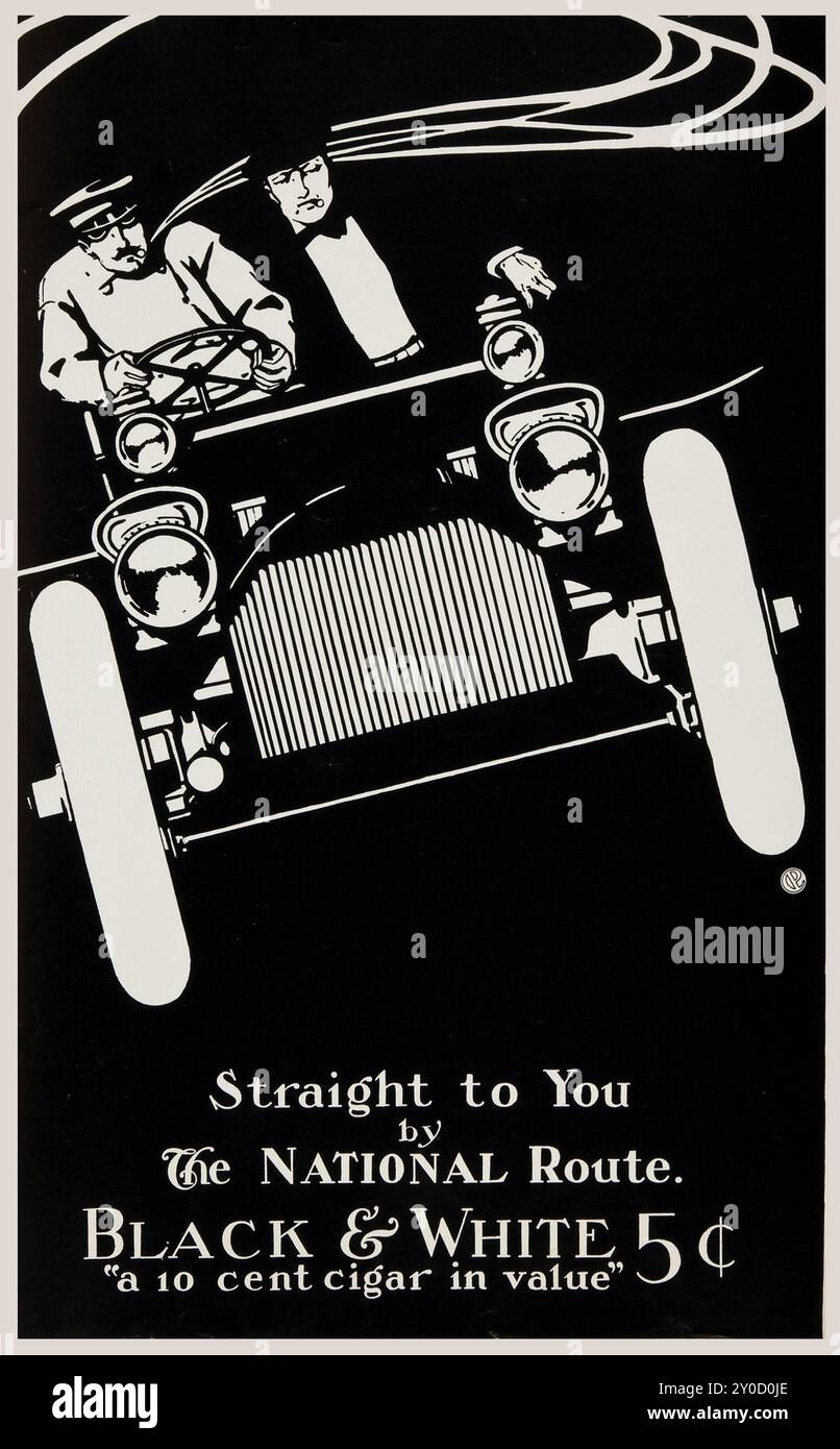 Schwarz-weiß-Zigarre (ca. 1916). Werbung Tabakplakat - direkt an der National Route, zwei Männer in einem antiken Auto Stockfoto