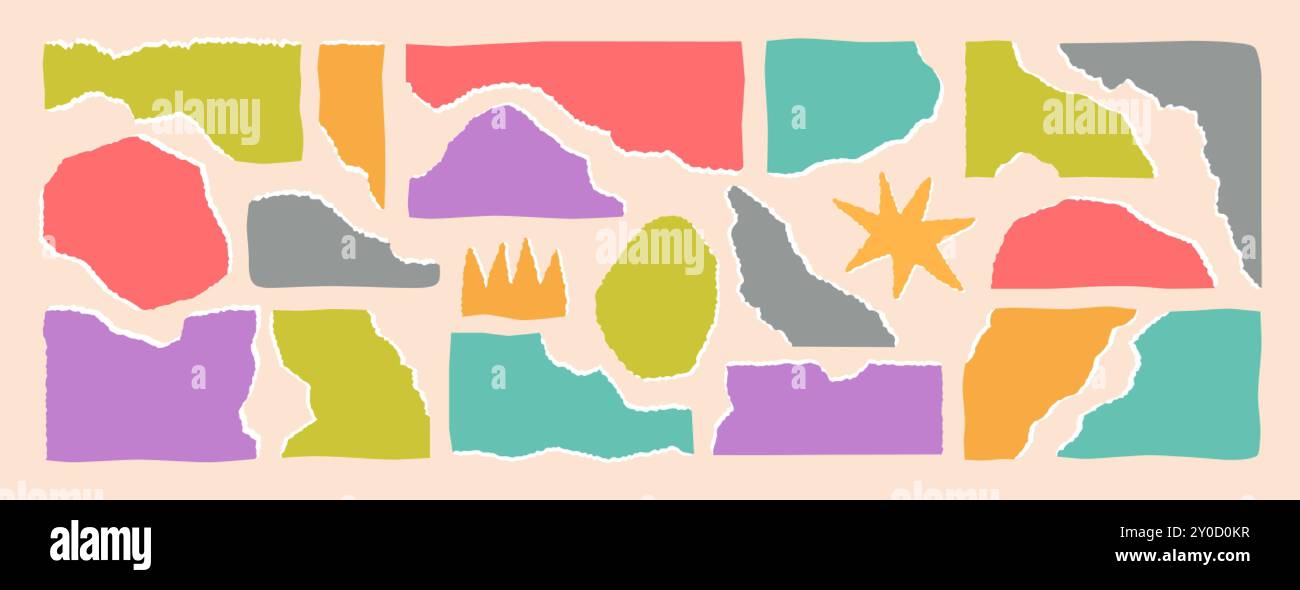 Gerissene farbige Papierstreifen haben unterschiedliche Formen. Geriffelte Blätter mit gezackten Kanten. Zerknitterte Pappe mit gewelltem Rand. Schneiden Sie quadratische und rechteckige Notizblock-Seitenfragmente, Schrott, Stücke mit zerfetztem Rand Stock Vektor