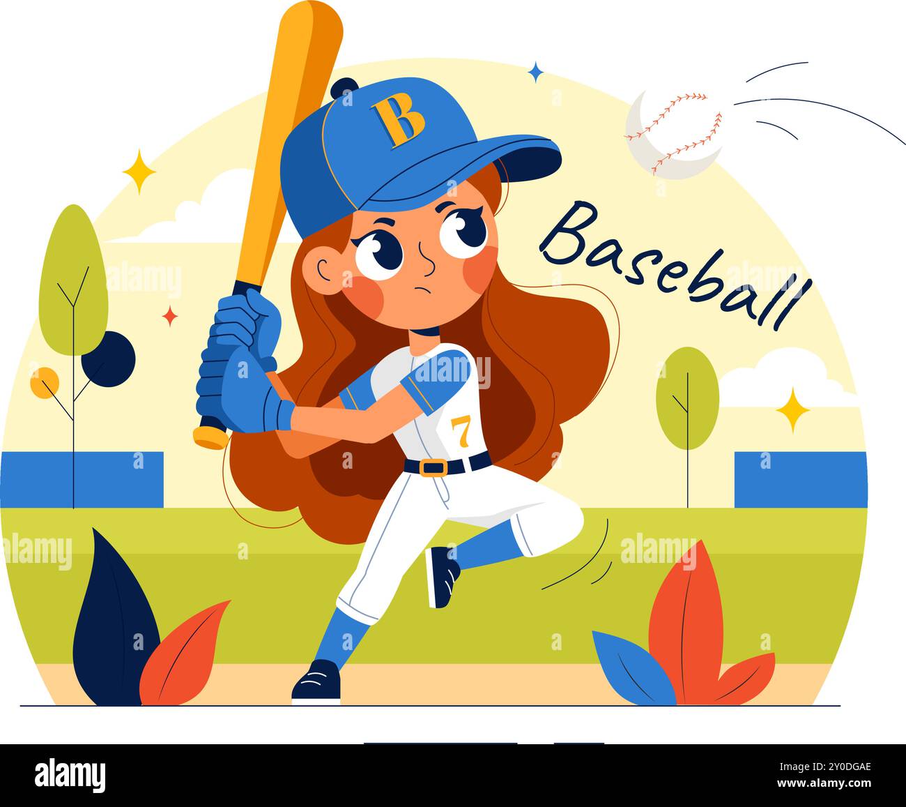 Ein Baseball-Kids-Spieler in Uniform wirft, fängt oder schlägt einen Ball mit Schlägern und Handschuhen auf einem Court Stadium in einer Cartoon Vektor-Illustration Stock Vektor