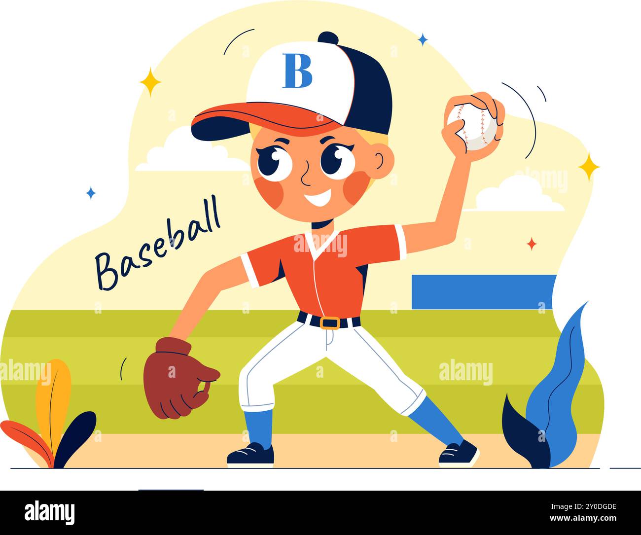 Ein Baseball-Kids-Spieler in Uniform wirft, fängt oder schlägt einen Ball mit Schlägern und Handschuhen auf einem Court Stadium in einer Cartoon Vektor-Illustration Stock Vektor