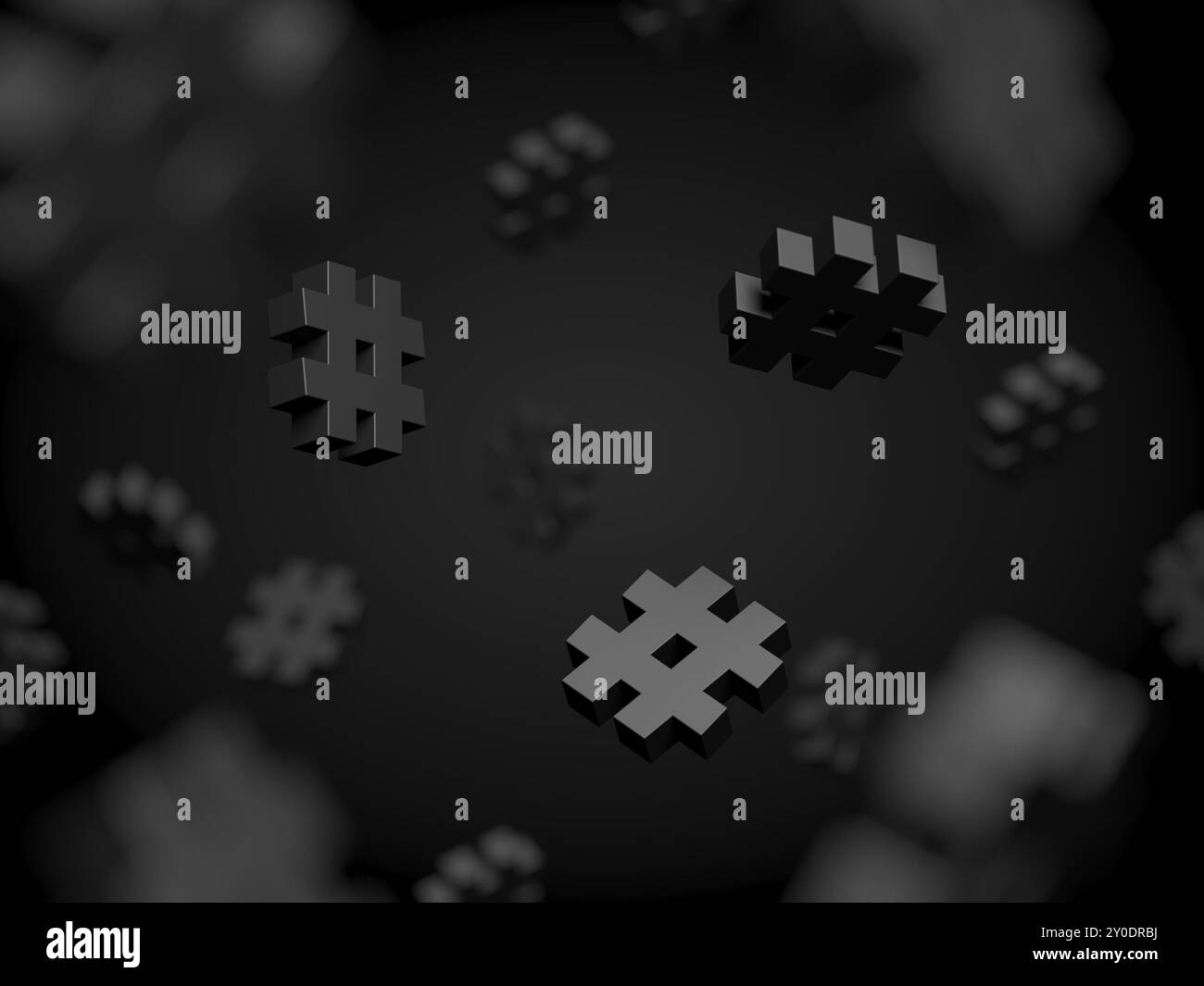 Hashtag-Markierungen auf schwarzem Hintergrund. 3D-Abbildung. Stockfoto