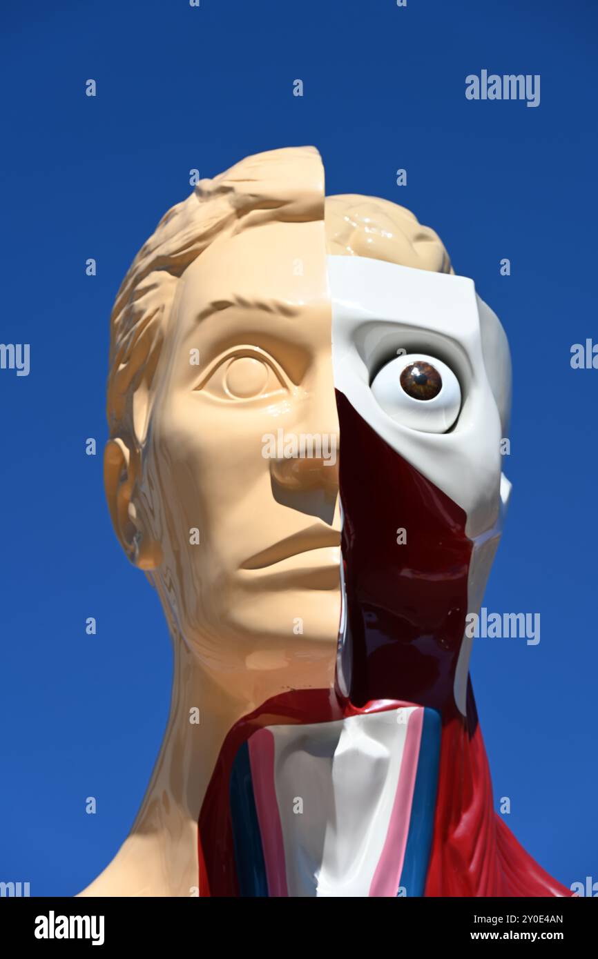 Menschlicher Kopf oder Porträt von Damien Hirst, Detail der Skulptur oder Statue, bekannt als Hymn, installiert in Aix-en-Provence Frankreich Stockfoto