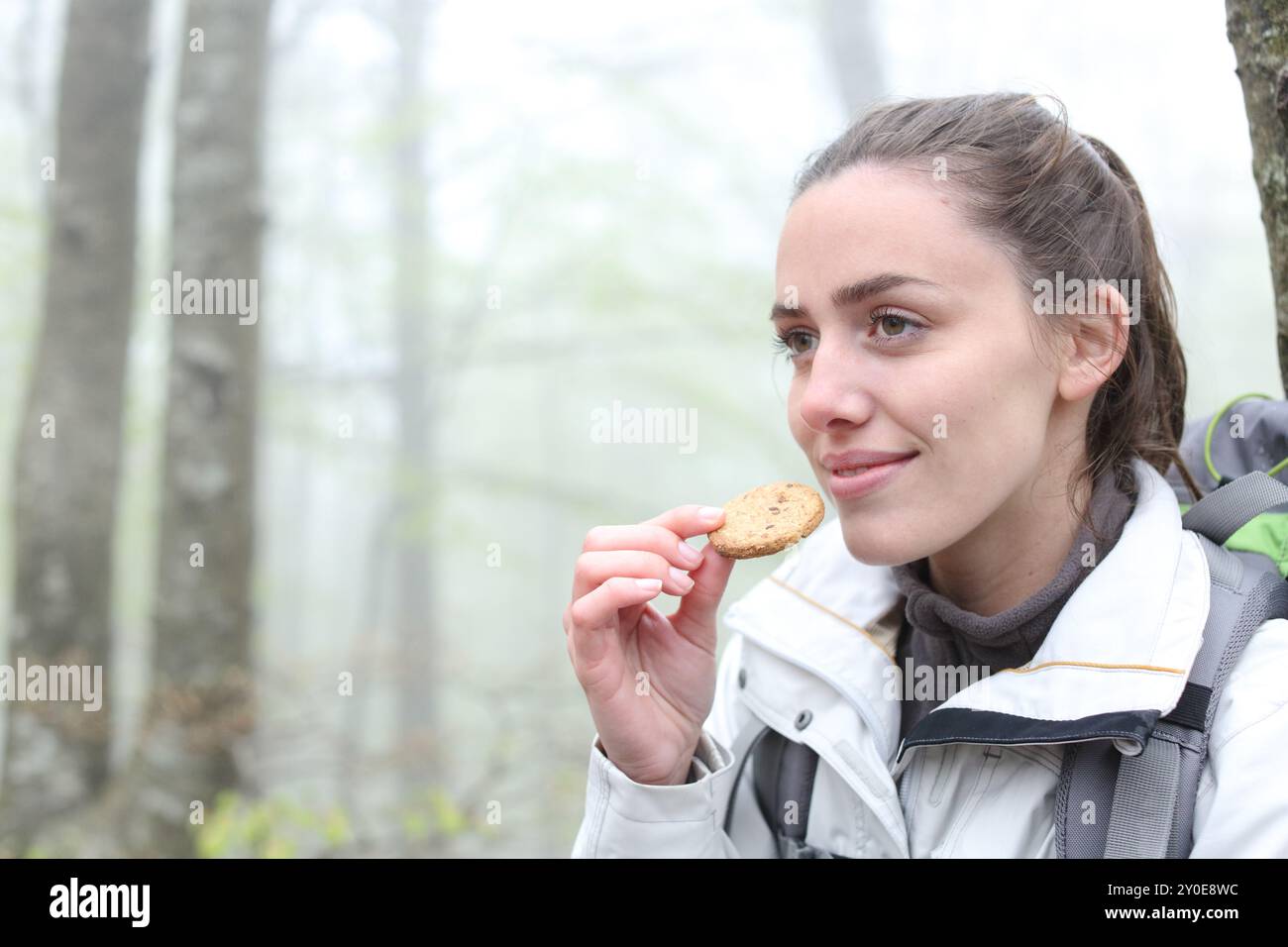 Trekker isst einen Keks, der allein im Wald läuft Stockfoto