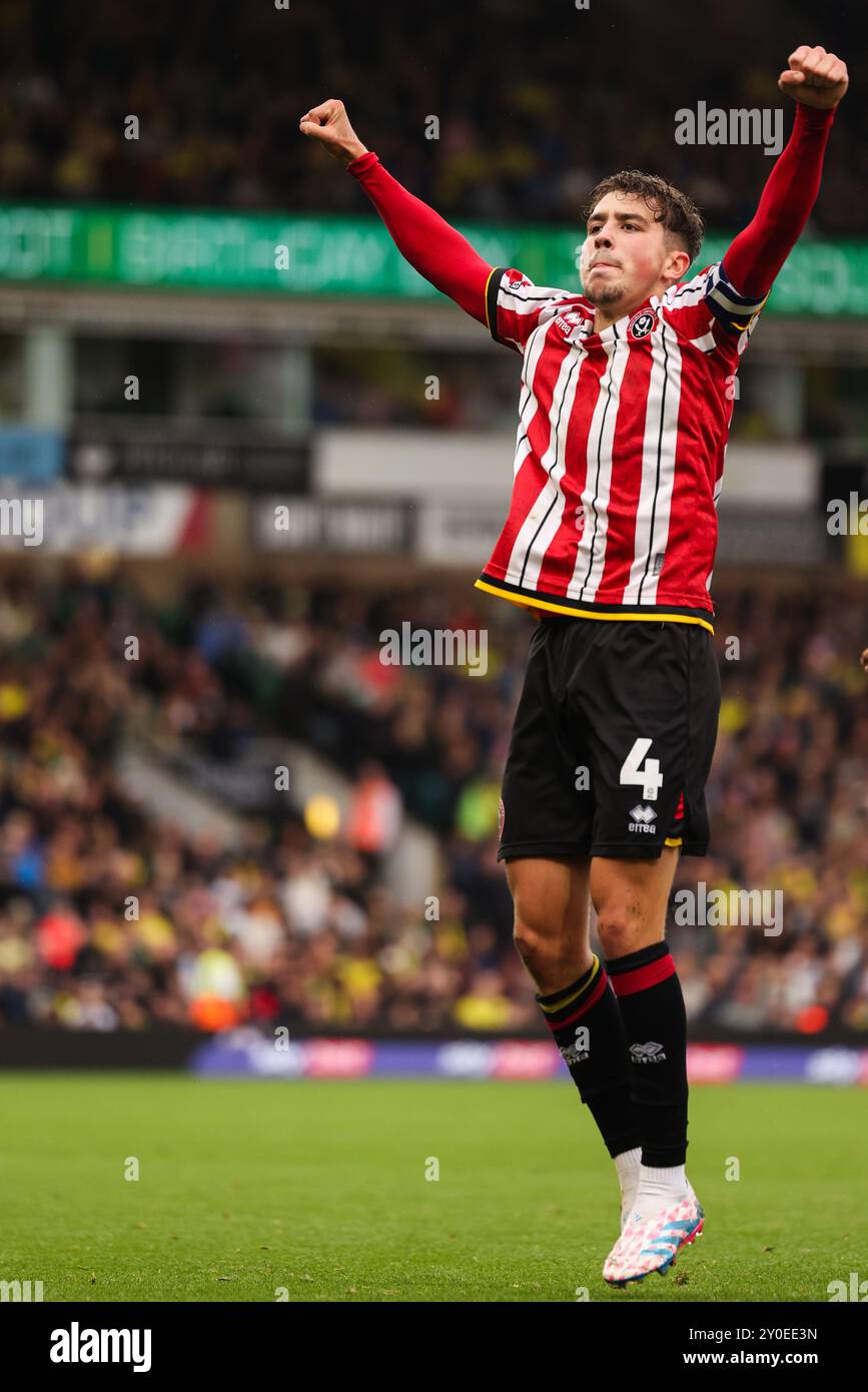 Oliver Arblaster von Sherffield United feiert den Treffer für Sheffield United - Norwich City gegen Sheffield United, Sky Bet Championship, Carrow Road, Norwich, Großbritannien - 24. August 2024 nur redaktionelle Verwendung - es gelten Einschränkungen bei DataCo Stockfoto