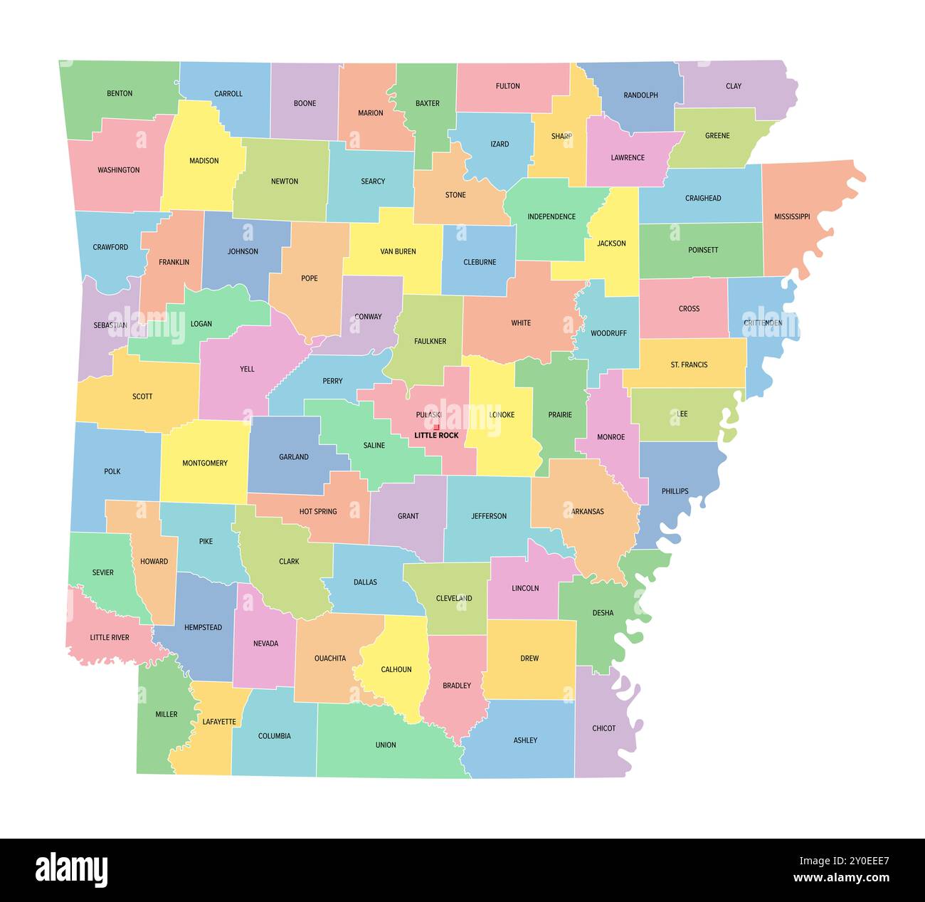 Arkansas, US-Bundesstaat, unterteilt in 75 Countys, mehrfarbige politische Karte mit Hauptstadt Little Rock, Grenzen und County-Namen. Stockfoto