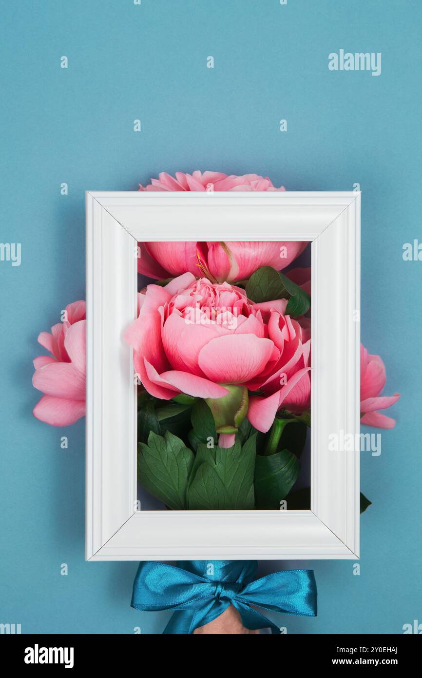 Strauß aus rosa Pfingstrosen, eingerahmt von einem weißen Bilderrahmen, blauem Band an den Stielen, elegantem Kunstdruck und Dekor Stockfoto
