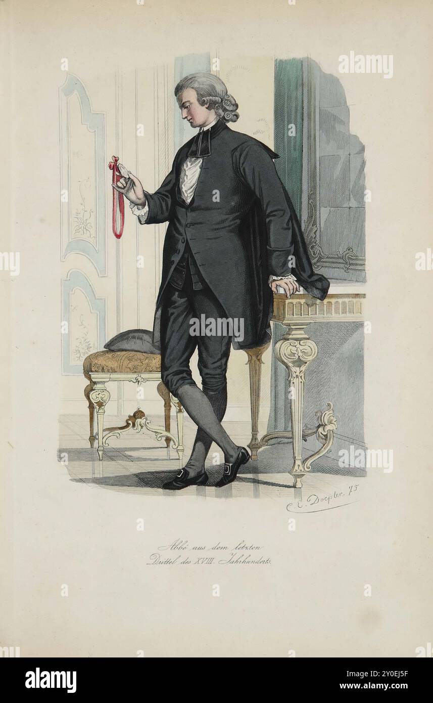 Historische und volkstümliche Trachten Europas. Abbe aus dem letzten Drittel des 18. Jahrhunderts. Deutschland. 1876-1878 an den Promenaden, an der Oper, am Theater, in den Gerichtssälen, in den Kaffeehäusern, überall konnte man die Abbe in elegantem schwarzem Kleid mit kurzem Seidenmantel und schwarz-grauen Strümpfen sehen. Das Kostüm bestand aus dem modischen Gewand der Zeit, einer Jacke mit mäßig engen Ärmeln mit Bündchen, die entweder aus Stoff, Seide oder Samt bestand und oft auch in gestreiftem oder gemustertem Stoff getragen wurde; nur die Farbe musste schwarz oder tiefviolett sein. Eine Weste und kurze Reithose m Stockfoto
