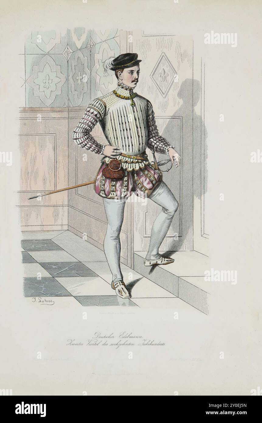 Historische und volkstümliche Trachten Europas. Deutscher Adliger. Das zweite Viertel des 16. Jahrhunderts. Wir sehen: Die breite Baskenmütze, überlaufen mit Straußenfedern und mit einem großen, gezackten und geschlitzten Rand, ist auf die kleine, steife Samtmütze mit der kleinen Federleiste geschrumpft. Aus dem breiten, prallen, ausgepufften Steppsteg und dem Rock ist dieses westenartige, kurze spanische Wimperntuch geworden, das nur in feinen vertikalen Streifen geschlitzt ist, die anstelle eines breiten, rechteckigen Halses das fein gestickte Hemd bis zum Hals ausbreiten und sich nun eng und hoch bis knapp unter das Chi ausbreiten lassen Stockfoto