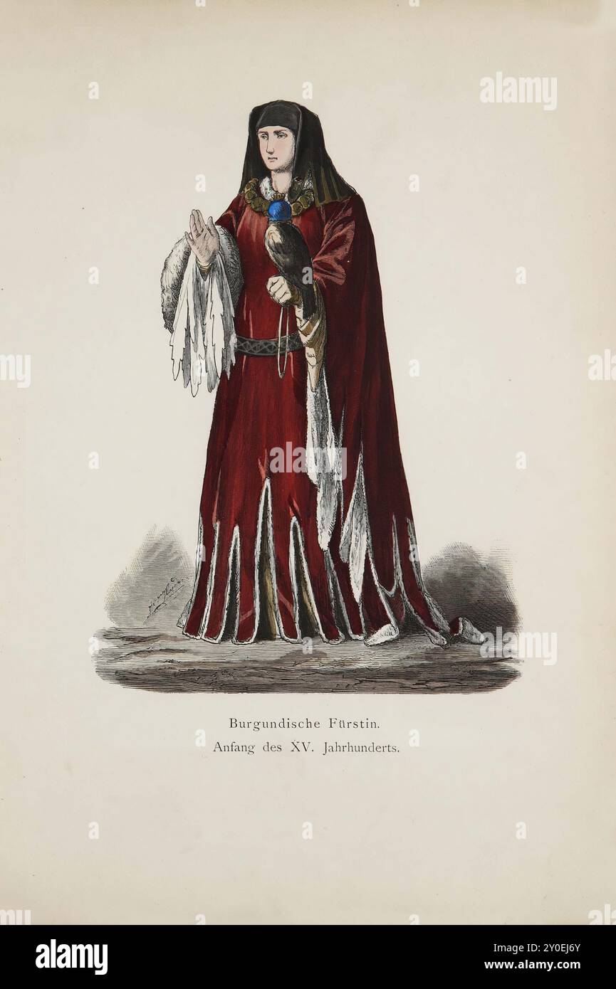 Historische und volkstümliche Trachten Europas. Eine burgundische Prinzessin zu Beginn des 15. Jahrhunderts. Die Dame trägt einen Anzug aus rotem Samt, der vollständig mit weißem Fell gefüttert ist, das an allen Nähten herauskommt, die Figur verdeckt und nur eine ziemlich hohe Taille zeigt, die ziemlich tief unter der Brust geschnitten ist. Die beiden Ärmel unterscheiden sich voneinander; der linke Arm ist glockenförmig und reicht nur bis zur Hälfte des Unterarms an der Vorderseite. Der Saum des Kleides ist, wie der des linken Ärmels, in Zatteln geschlitzt, wobei der mittlere Schlitz auf der Vorderseite des Kleides bis zum Knie reicht. Der rechte Sleev Stockfoto