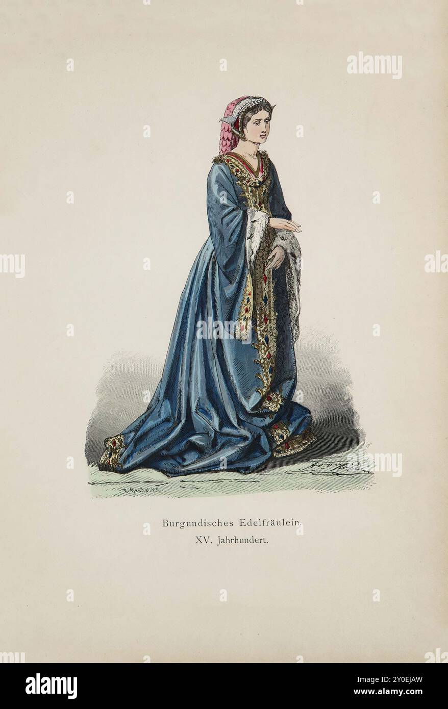 Historische und volkstümliche Trachten Europas. Adelige von Burgund. 15. Jahrhundert. Das Kleid aus schwerem blauem Stoff, wahrscheinlich Damast, scheint so geschnitten zu sein, dass es heilig aussieht, wobei die Teile von Mieder und Rock jeweils aus einem Stück bestehen; zumindest gibt es keine sichtbare Rocknaht auf der Vorderseite. Der Rock ist sehr lang, so dass er auch vorne auf dem Boden liegt, während er einen relativ kurzen Zug zieht. Das Dekolleté des Gewandes, das spitz ausgeschnitten ist und bis zur Hälfte das Schlüsselbein hinunter reicht, zeigt das ähnlich herzförmige rote Unterkleid, das tr ist Stockfoto