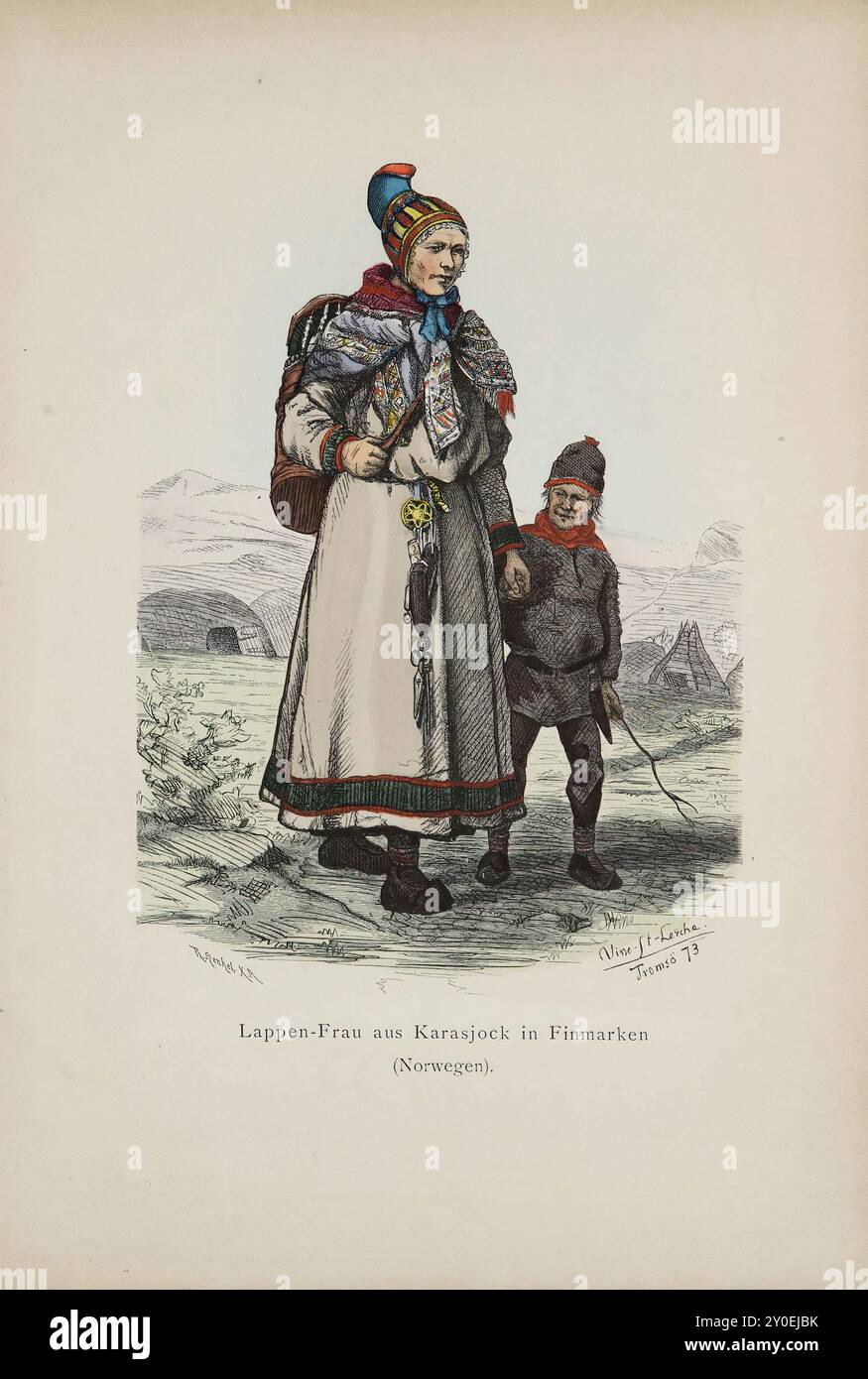 Historische und volkstümliche Trachten Europas. Saami Frau aus Karasjock in Finnmark. (Norwegen). Die Kleidung der samischen Frauen ist in jeder Hinsicht die gleiche wie die der Männer, mit der Ausnahme, dass der Rock länger ist und dass der Kopfschmuck in verschiedenen Teilen des Landes eine andere Form hat, wie in Karasjok, wo der sehr eigenartige Kopfschmuck der Frauen etwas zwischen einer Phrygischen Mütze und einem französischen Kürassierhelm ist. Die in unserer Illustration gezeigte Saami-Frau trägt ein solches Wunder internationaler Damenmode, aus mehrfarbigem Tuch auf einem starken Drahtgestell genäht, mit Seidenbändern beschnitten und fest angezogen Stockfoto