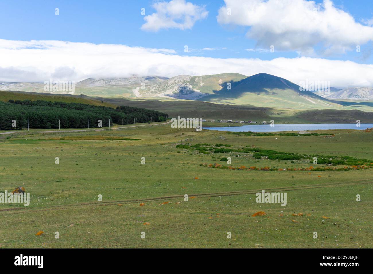 Grüne Felder, eine Erdstraße am Rande eines Nadelwaldes, der westliche Teil des Paravani-Sees, ein mit Wolken bedecktes Bergmassiv Stockfoto
