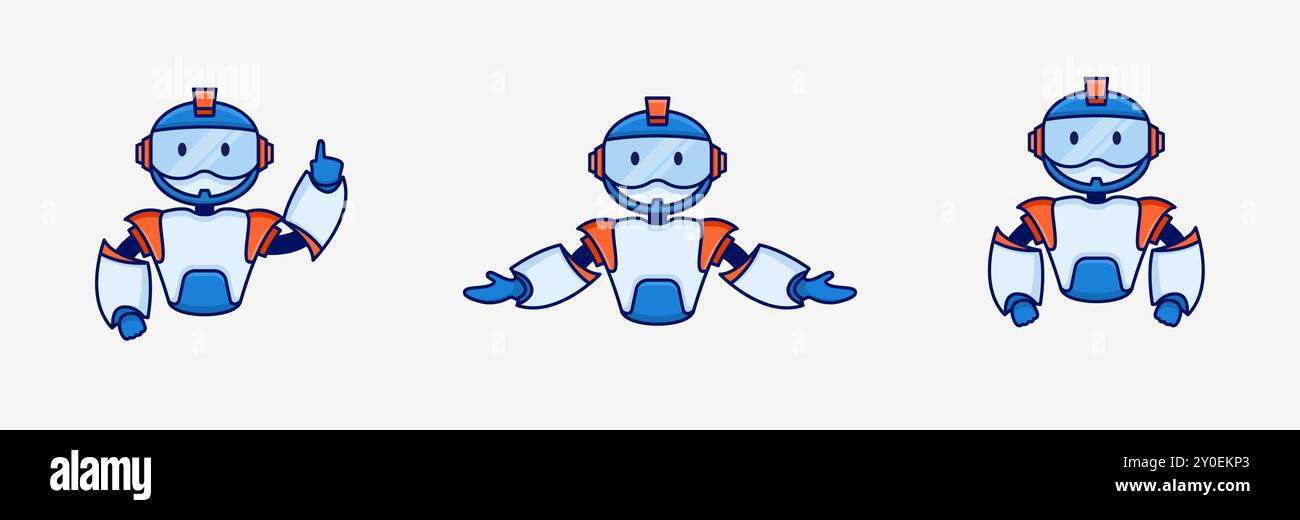 Logo Mascot Robot mit Gestenvariante. Cartoon, Kind, Spaß. Bearbeitbare Farbe. Stock Vektor