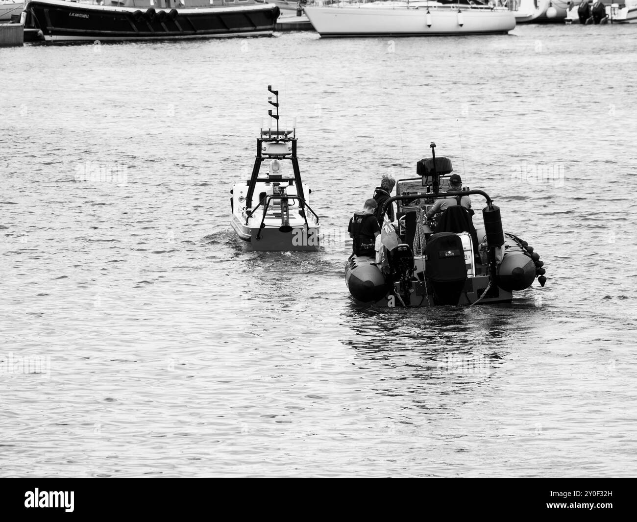 B&W, The Accession Class USV, Unmanned Survey Solutions, Falmouth Harbour, Falmouth, Cornwall, England, Großbritannien, GB. Stockfoto