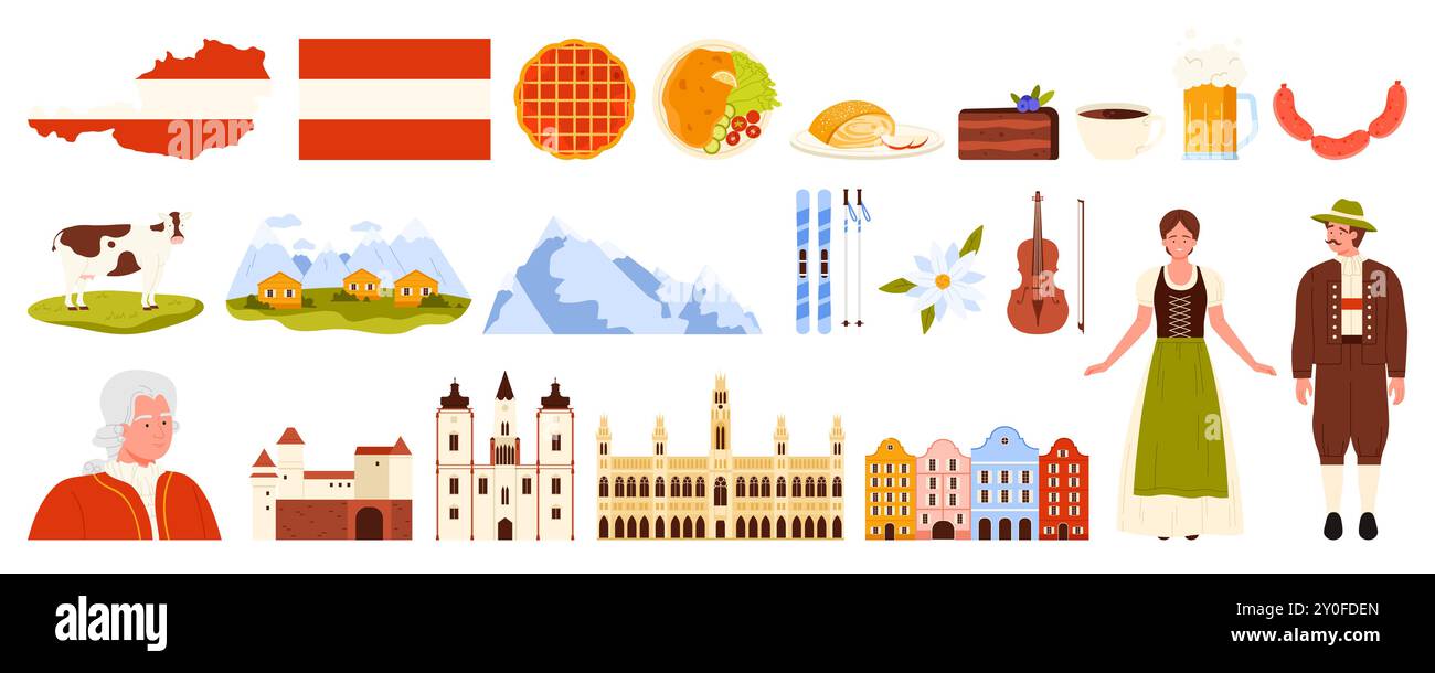 Reise nach Österreich Set. Berühmte architektonische Wahrzeichen und Berglandschaft, traditionelles Essen und Bier, Österreicher in Volkskleidung, Flagge und Karte von Österreich Cartoon Vektor Illustration Stock Vektor