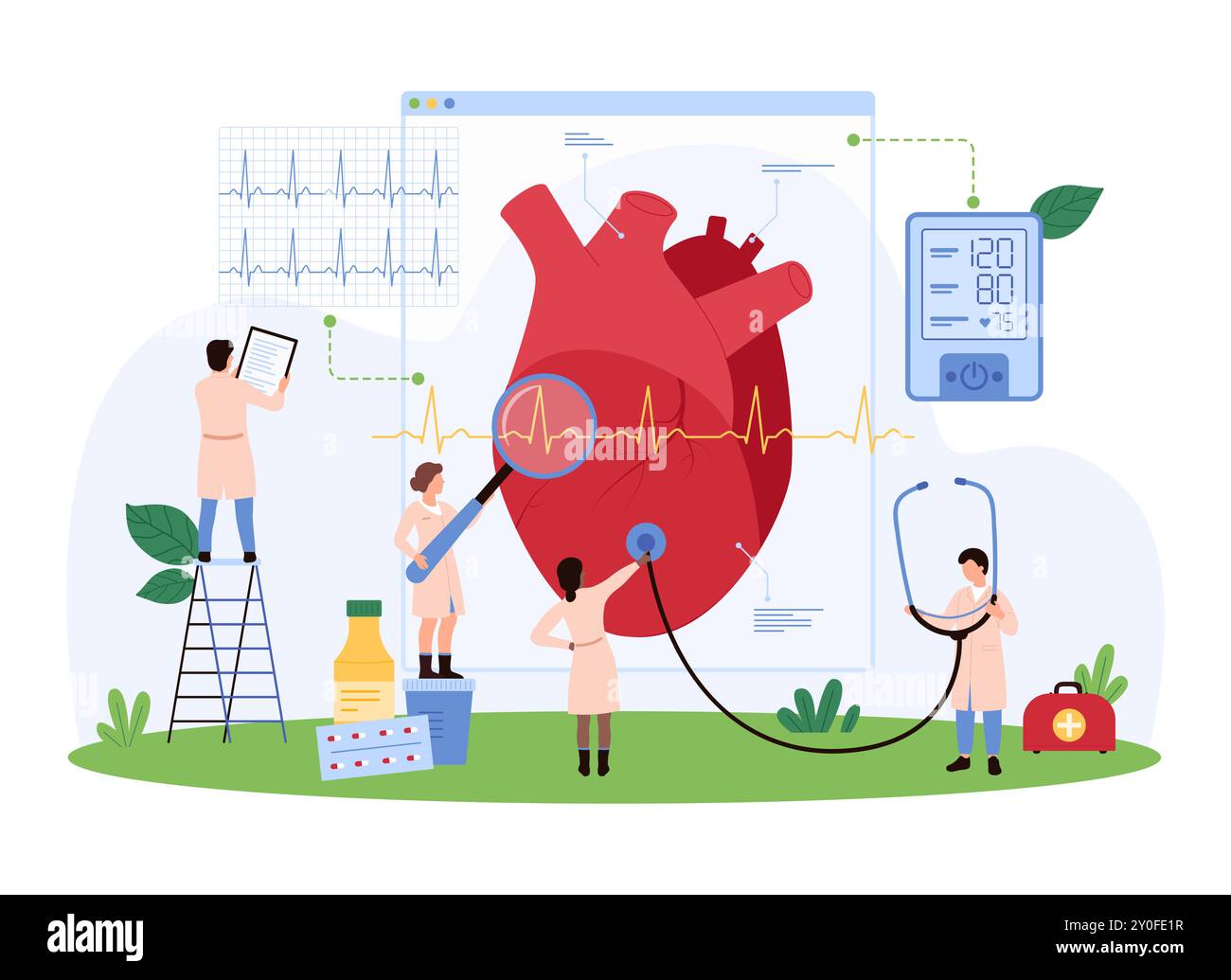 Kardiologie-Checkup für Diagnose, Prävention und Behandlung. Winzige Leute überprüfen Blutdruck mit Sphygmomanometer, überwachen Herzgesundheit, Herzschlag mit Elektrokardiogramm Cartoonvektor Illustration Stock Vektor