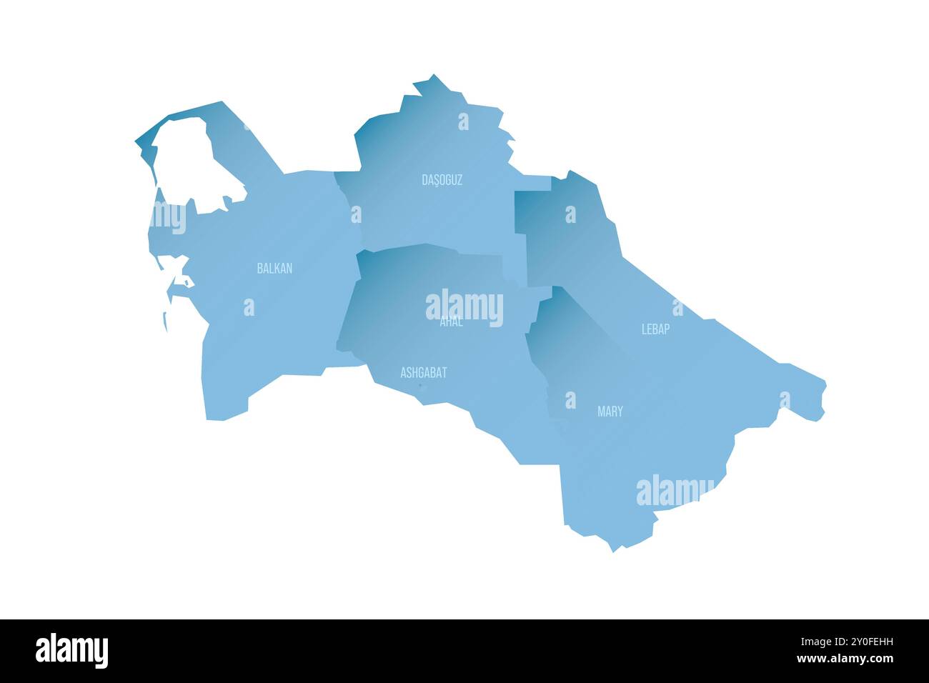 Turkmenistan politische Karte der Verwaltungsbereiche - Regionen und Hauptstadtbezirk Aschgabat. Schattierte Vektorkarte mit 3D-ähnlichem blauen Verlauf und Namensbeschriftungen Stock Vektor