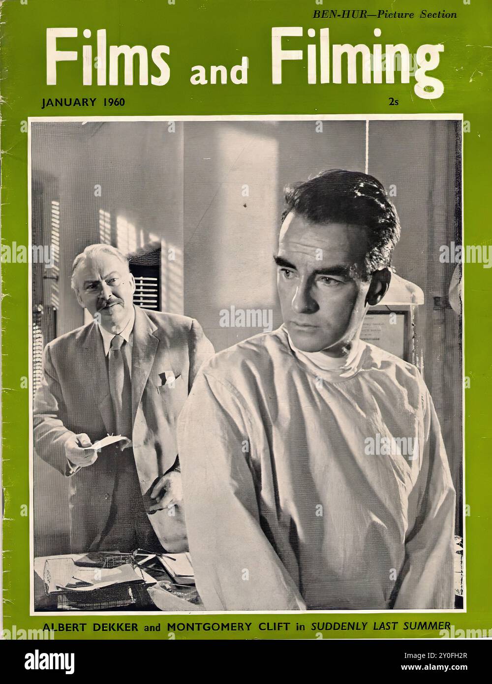 Filme und Dreharbeiten Jan 1960 - Vintage Magazin Cover - Fotograf unbekannt - Text Transkription [ BEN-HUR-Picture Section Filme und Dreharbeiten JANUAR 1960 2s ALBERT DEKKER und MONTGOMERY CLIFT in SUDDEN LAST SUMMER ] NUR FÜR REDAKTIONELLE ZWECKE ! Stockfoto
