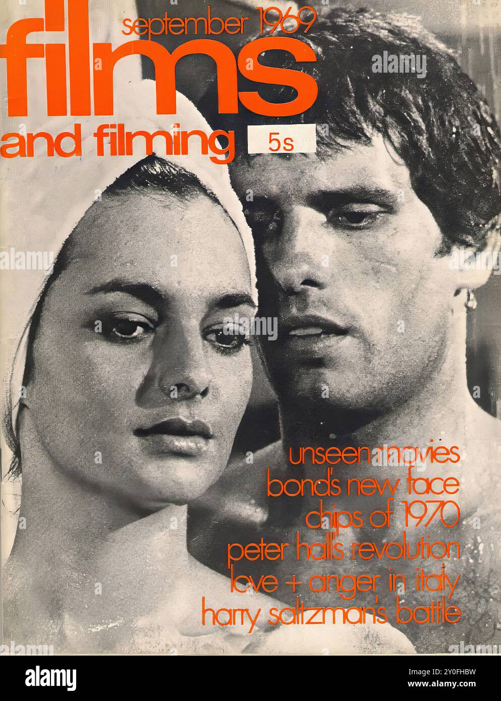 Filme und Dreharbeiten Sep 1969 - Vintage Magazin Cover - Fotograf unnow - Text Transkription [ september 1969 Filme und Filme 5s Unseen Movies Bond's Newaface Chips of 1970 peter hallsstevollro Love + Ender injicy harry salizmans bolle ] NUR FÜR REDAKTIONELLE ZWECKE ! Stockfoto