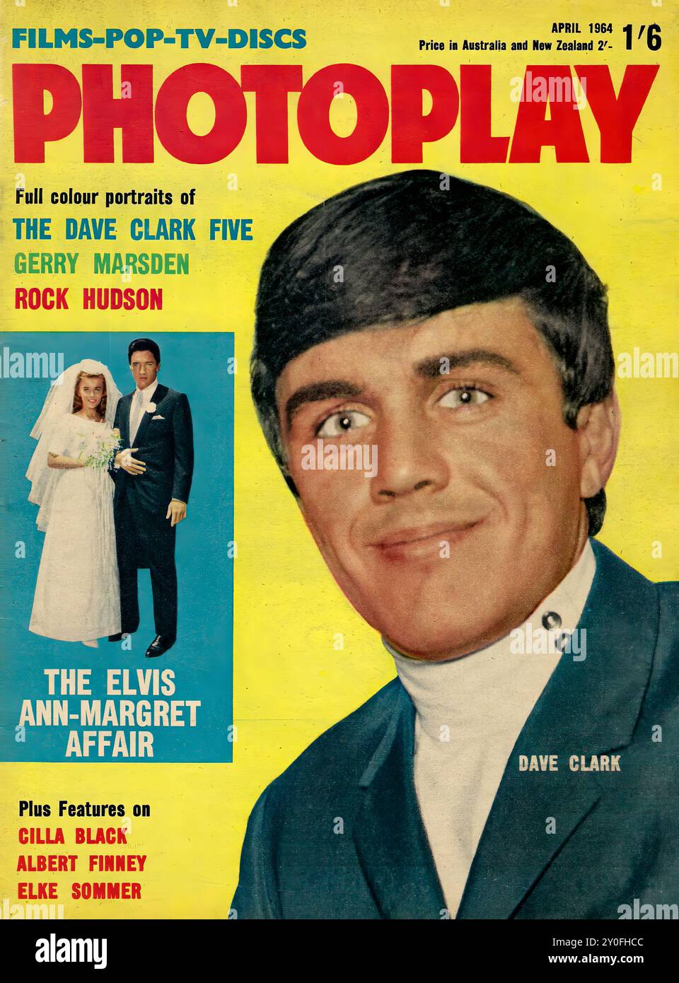 Photoplay Apr 1964 - Vintage Magazin Cover - Fotograf unnow - Text Transkription [ FILME-POP-TV-DISCS APRIL 1964 Preis in Australien und Neuseeland 2'- 1/6 PHOTOPLAY Vollfarbporträts des DAVE CLARK FÜNF GERRY MARSDEN ROCK HUDSON THE ELVIS ANN-MARGRET AFFAIR Plus Features on CILLA BLACK ALBERT FINNEY ELKE SOMMER DAVE CLARK ] NUR FÜR REDAKTIONELLE VERWENDUNG ! Stockfoto