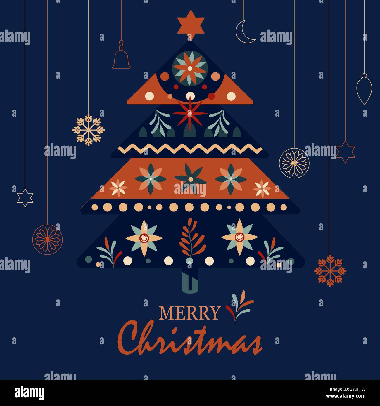 Farbenfroher Weihnachtsbaum im skandinavischen Folklore und hängende Dekorationen mit weihnachtlichen dekorativen Elementen Stock Vektor