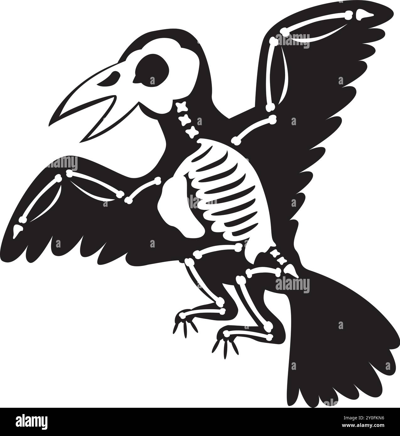 Silhouette Halloween fliegende Rabe Vogel mit röntgenförmigen Skelett Knochen, Märchen gruseliger Charakter. Gruselige Schattenumrisse von Raben. Schlichtes Schwarz Stock Vektor