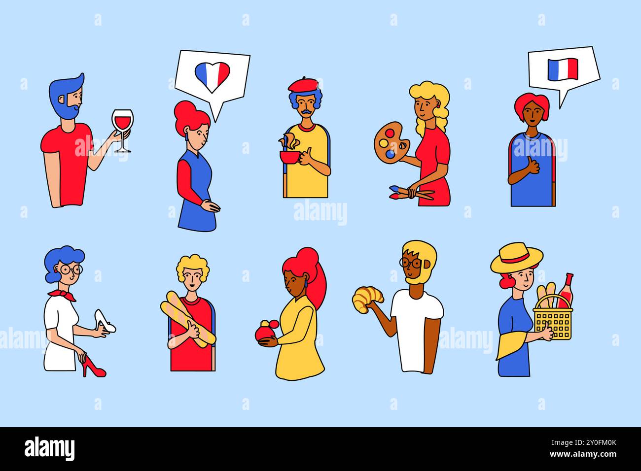 Vektor-Illustration eines traditionellen französischen Lebensstils mit Charakteren, Essen, Freizeit und Aktivität in einem umrissenen Cartoon-Stil. Französische Kunstfestivals Stock Vektor
