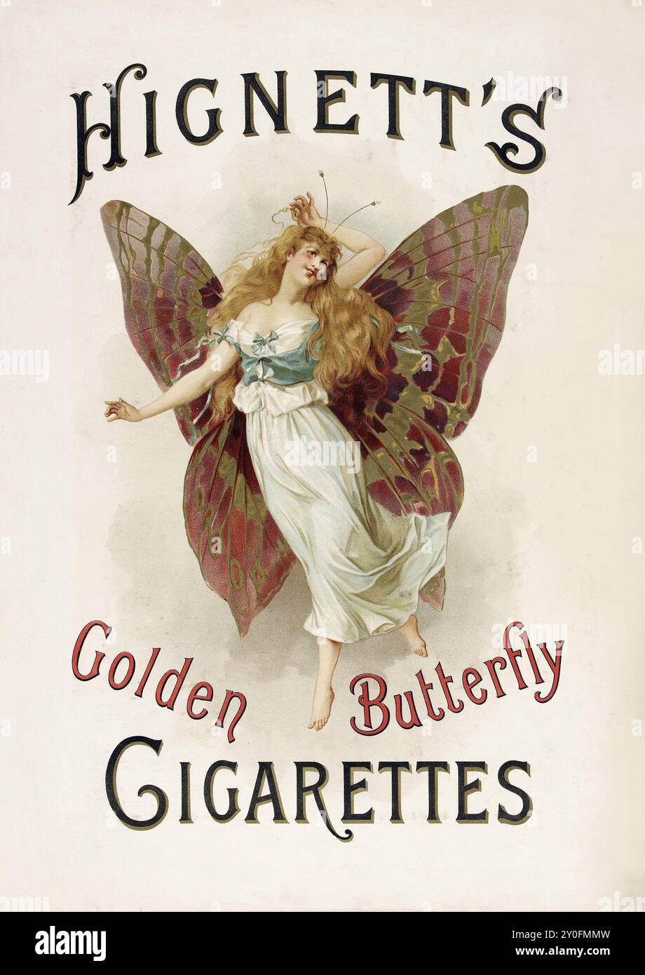 Altes Werbeplakat - Hignetts Zigaretten, Goldener Schmetterling - Frau mit Flügeln - Feenstiefel - Zigarettenwerbung, 1895 Stockfoto