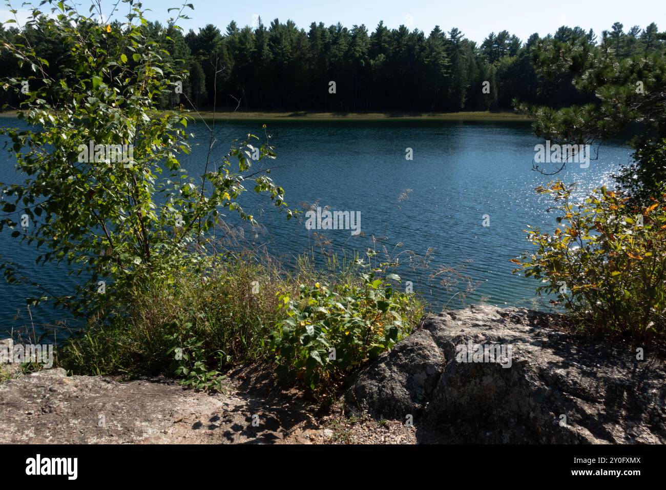 Der McGinnis Lake, der sich im Petroglyphs Provincial Park befindet, ist einer der wenigen meromiktischen Seen in Kanada, bekannt für seine lebhaften Farben aufgrund der nicht-Inter-Seen Stockfoto