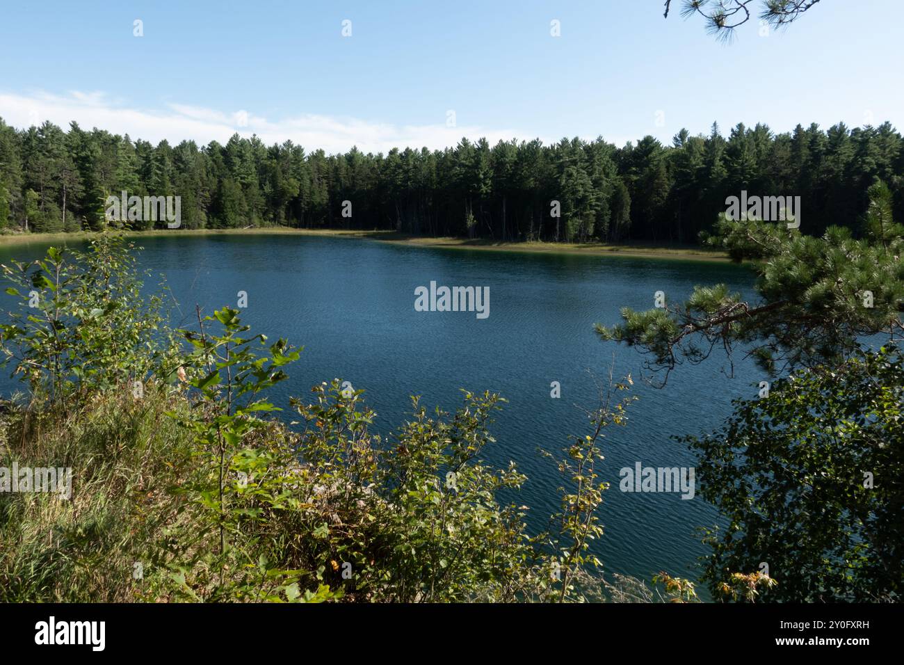 Der McGinnis Lake, der sich im Petroglyphs Provincial Park befindet, ist einer der wenigen meromiktischen Seen in Kanada, bekannt für seine lebhaften Farben aufgrund der nicht-Inter-Seen Stockfoto