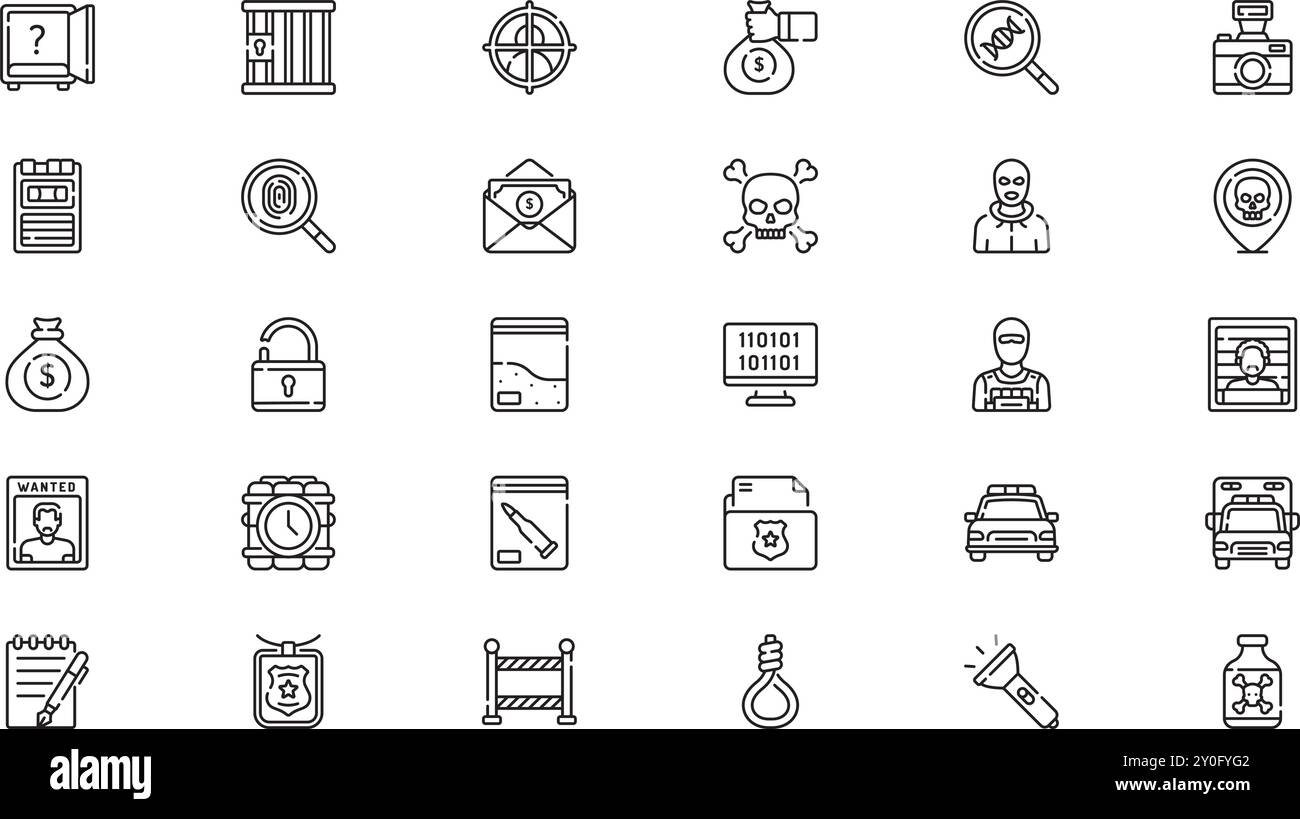 Symbole für die Kriminaluntersuchung hochwertige Vektorsymbole mit bearbeitbarem Kontur. Ideal für professionelle und kreative Projekte. Stock Vektor