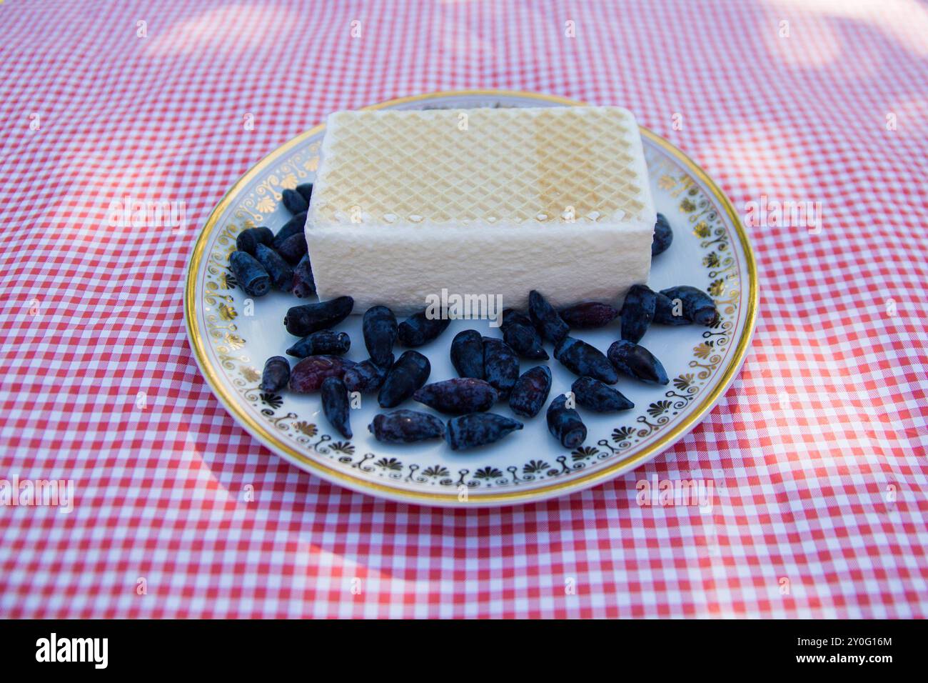 Cremiges Eis mit Waffel auf der Oberseite (russisches Eis) dekoriert mit Honigbeere (Lonicera caerulea var. Kamtschatica) auf Platte Stockfoto