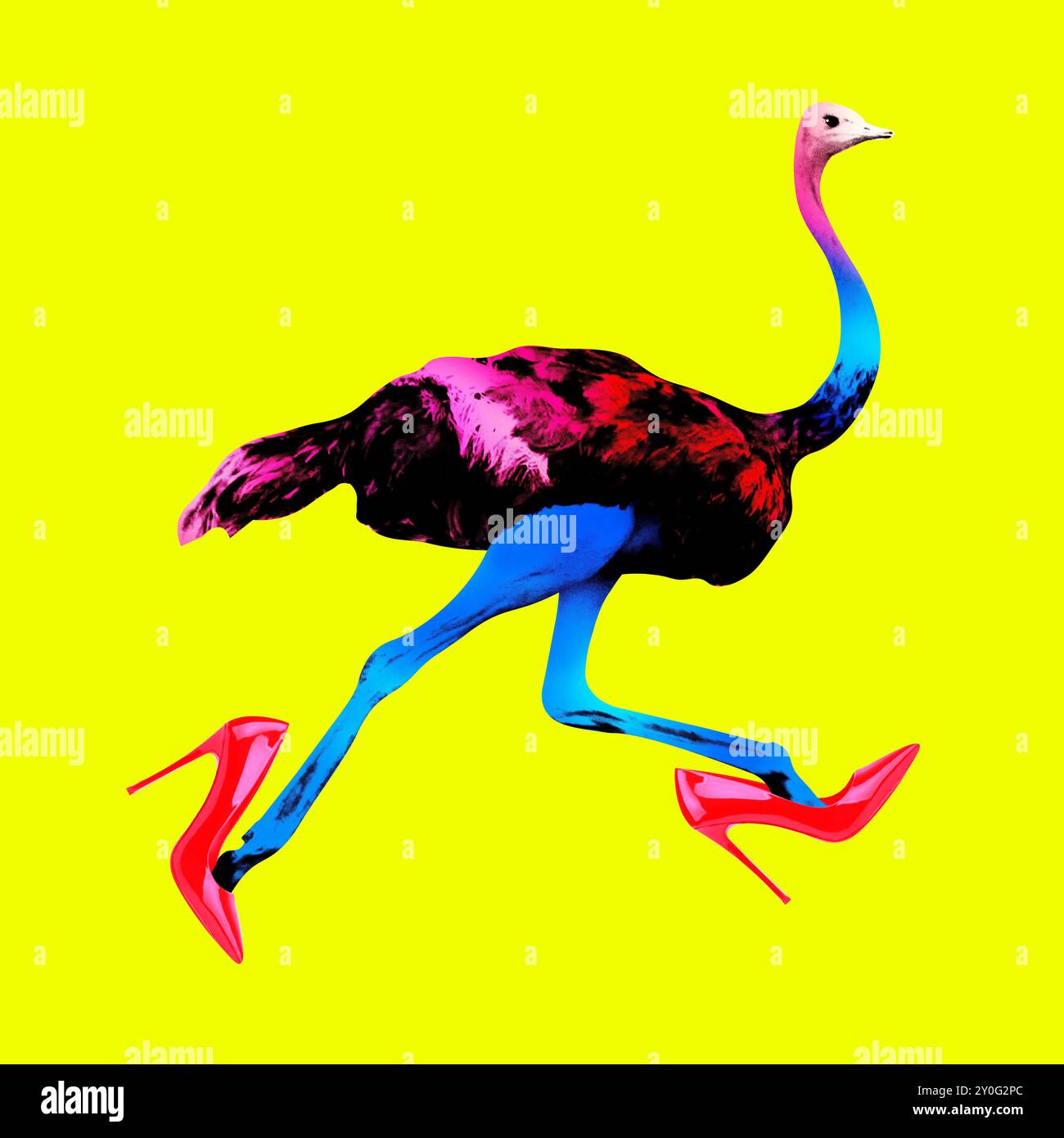 Tierische zeitgenössische Kunstcollage. Strauß auf gelbem Hintergrund in roten Schuhen. Stockfoto